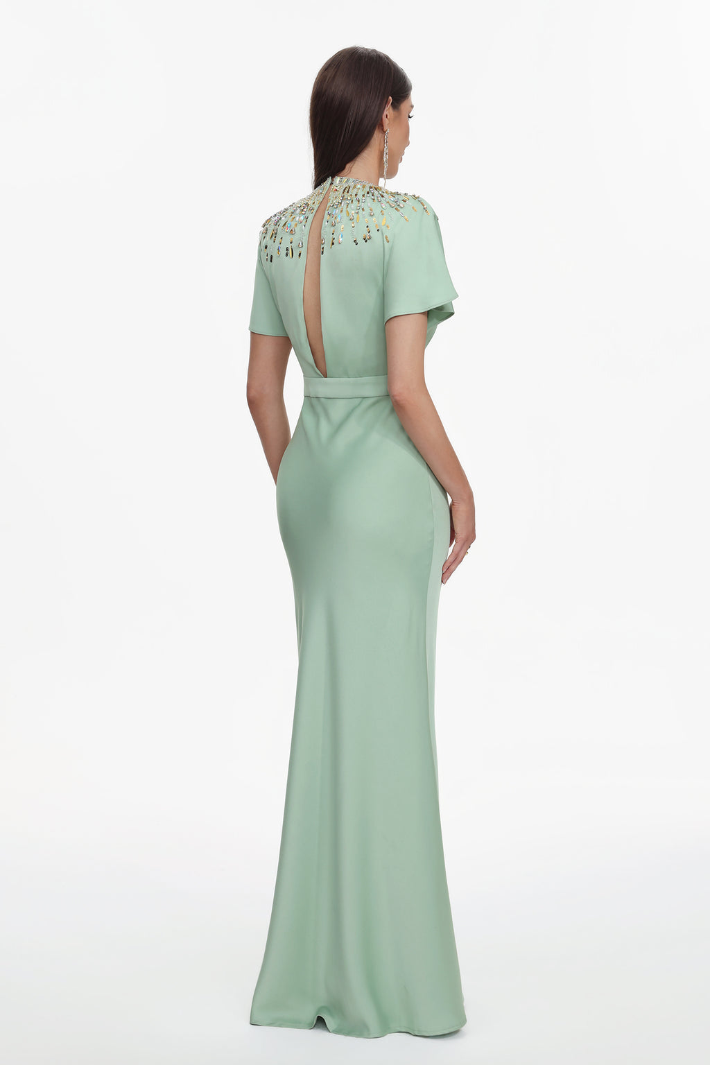 Lacey Elegant Tailored Short Sleeve Crystal Embellished Satin Maxi Dress	
