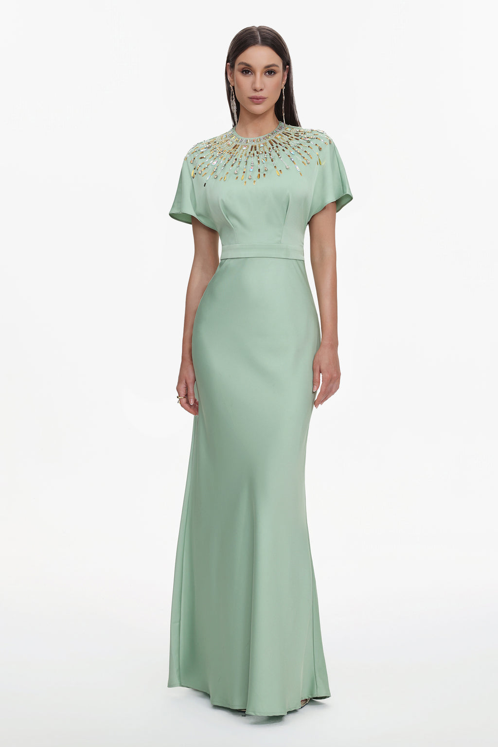 Lacey Elegant Tailored Short Sleeve Crystal Embellished Satin Maxi Dress	