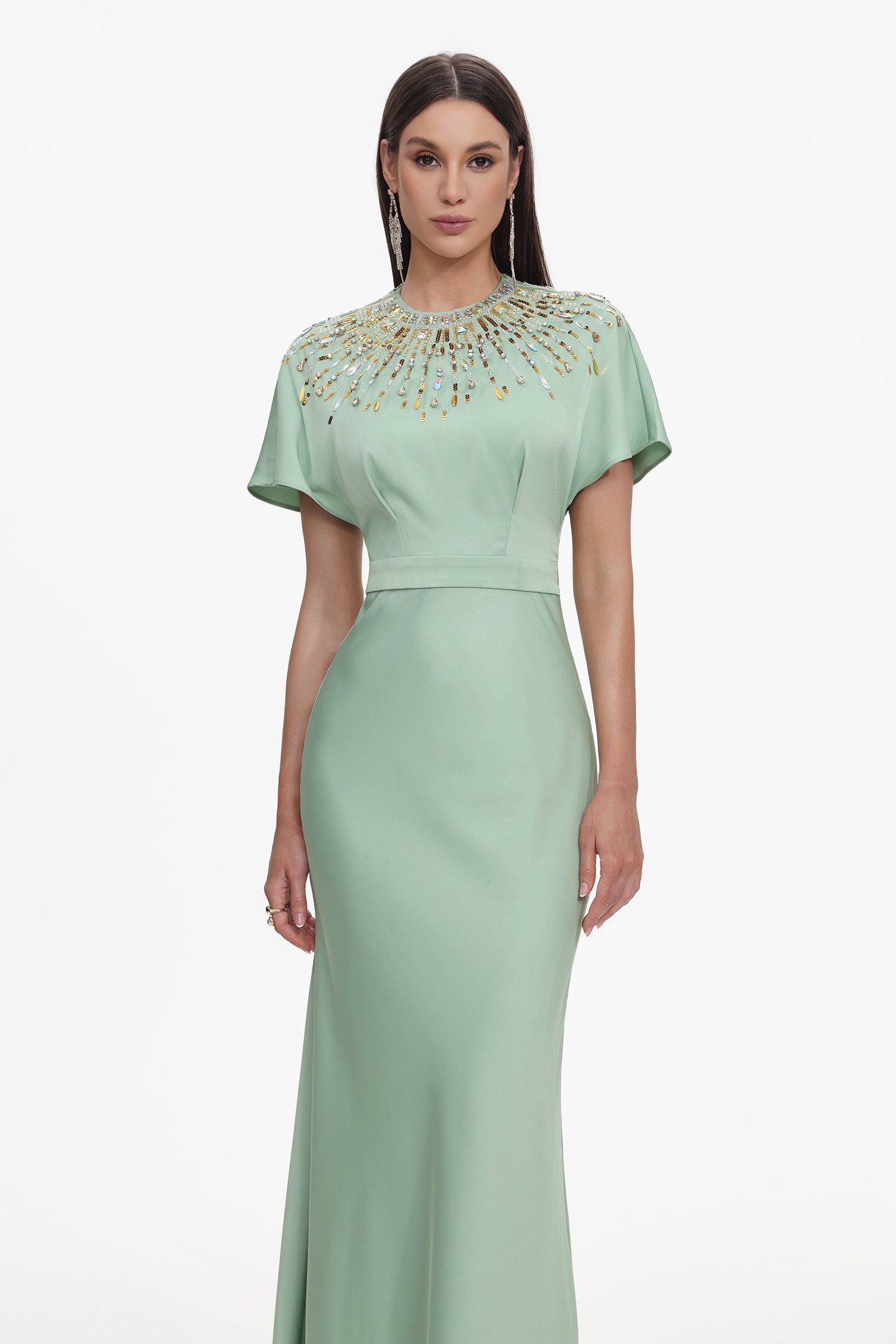 Lacey Elegant Tailored Short Sleeve Crystal Embellished Satin Maxi Dress	