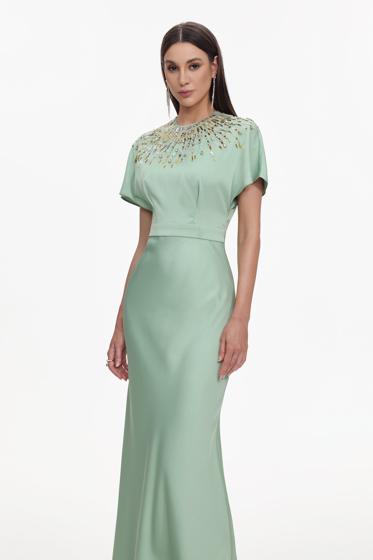 Lacey Elegant Tailored Short Sleeve Crystal Embellished Satin Maxi Dress	
