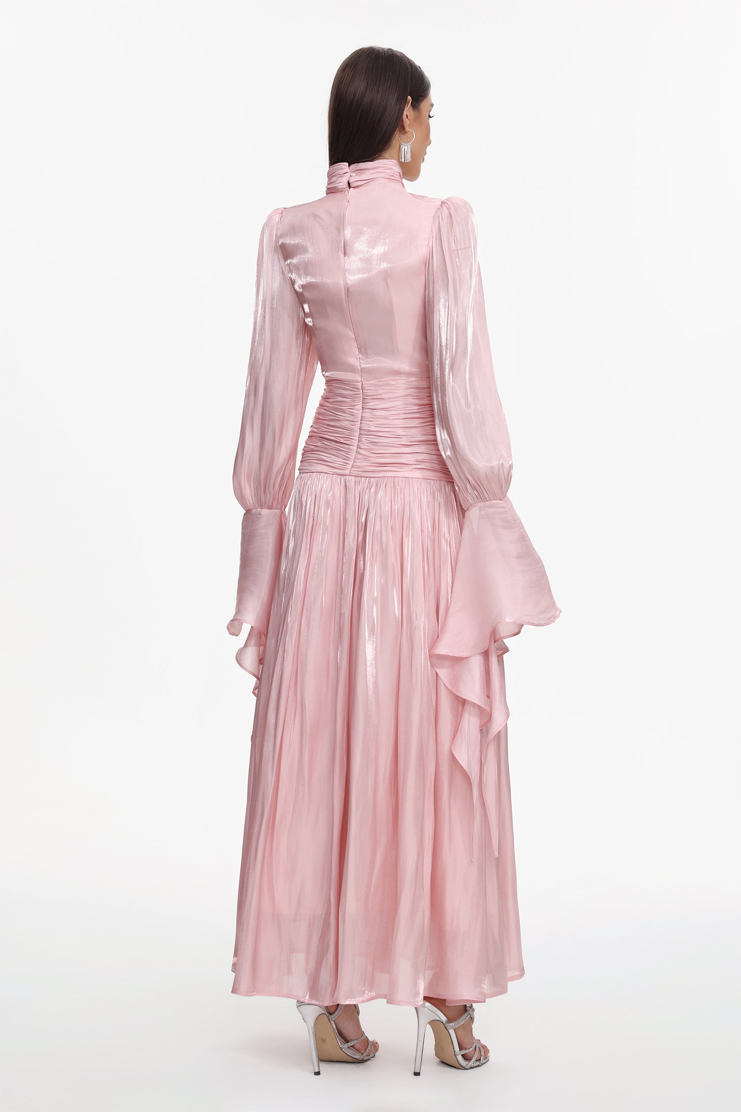 Viky Resort Waist-Defining Long Sleeve Ruched Woven Maxi Dress