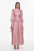 Viky Resort Waist-Defining Long Sleeve Ruched Woven Dark Pink Maxi Dress	