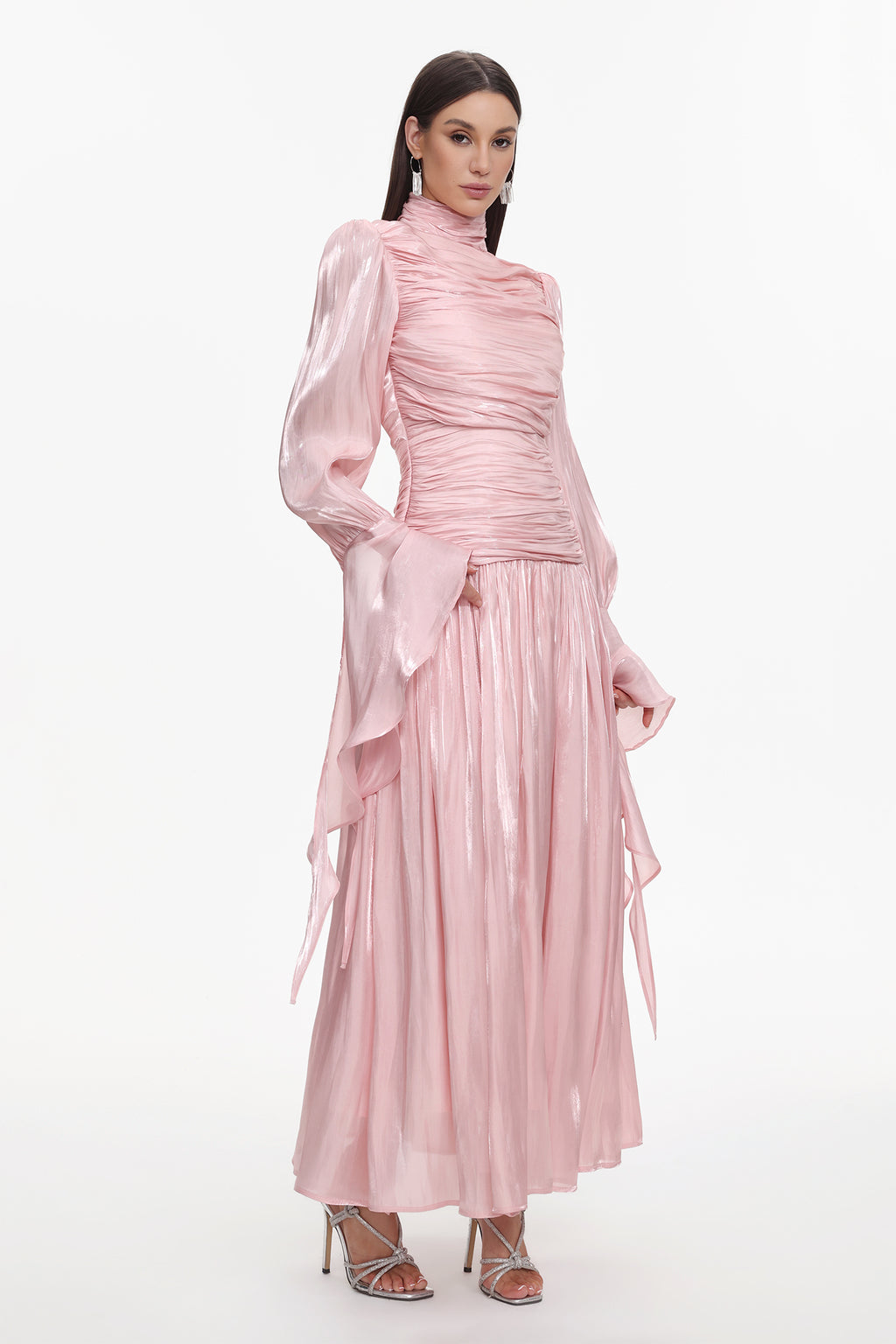 Viky Resort Waist-Defining Long Sleeve Ruched Woven Maxi Dress