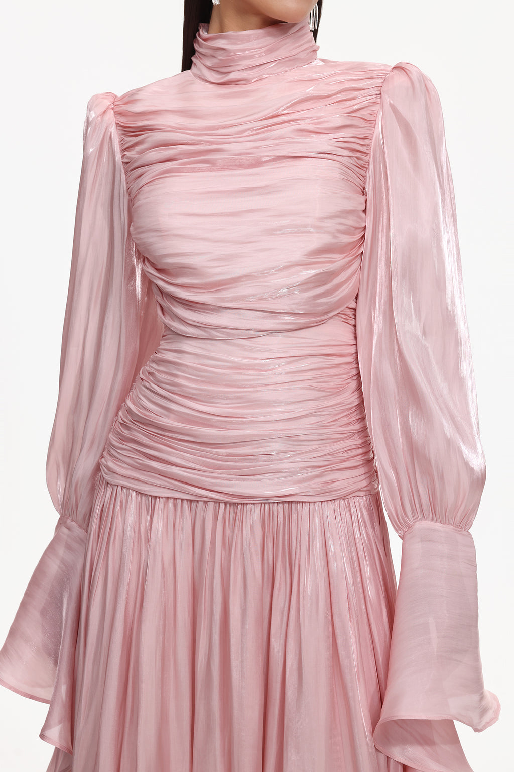Viky Resort Waist-Defining Long Sleeve Ruched Woven Maxi Dress