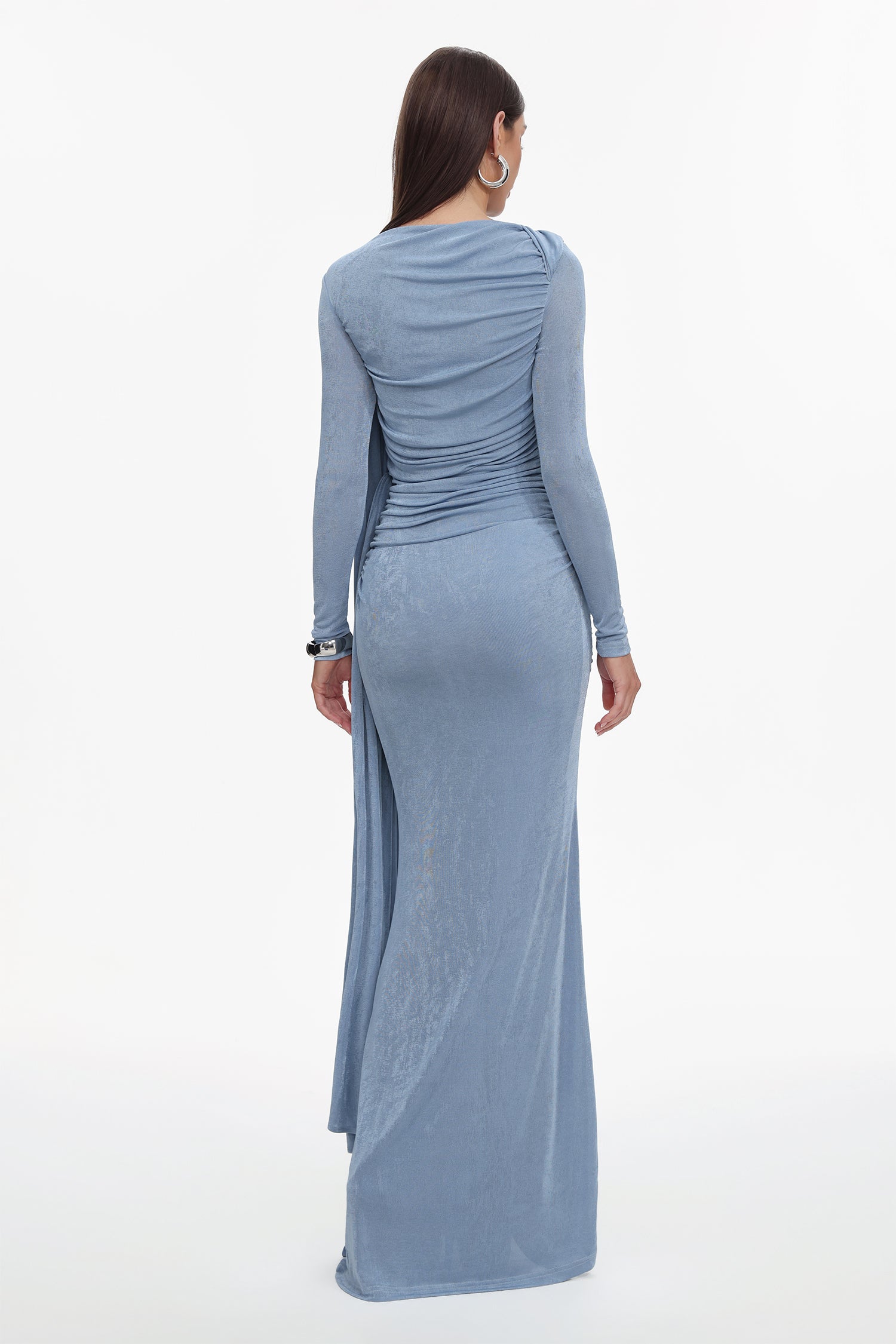 Tihila Long Sleeve Ruched Blue Maxi Dress