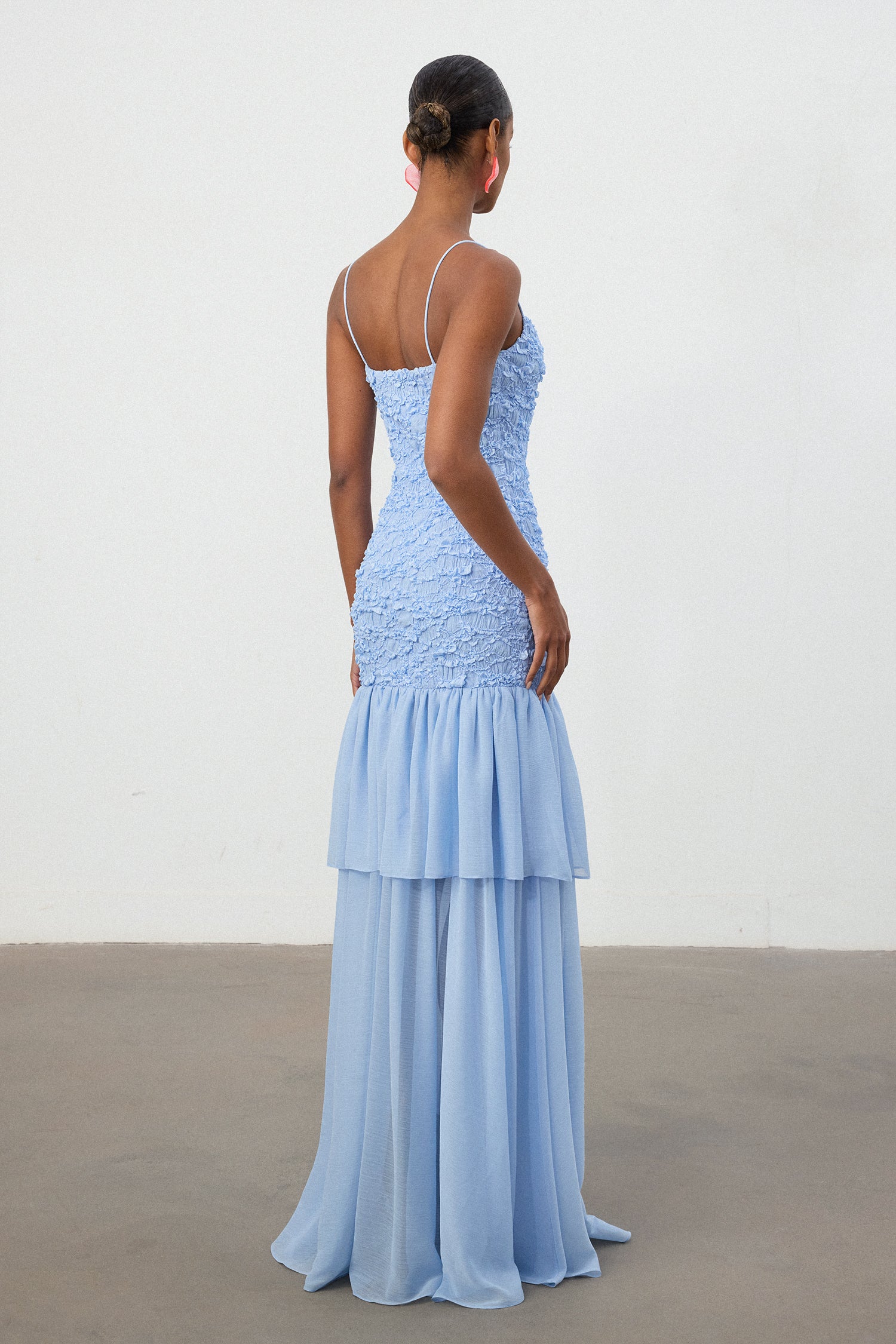 Sky Blue Textured Bodice Tiered Chiffon Maxi Dress	