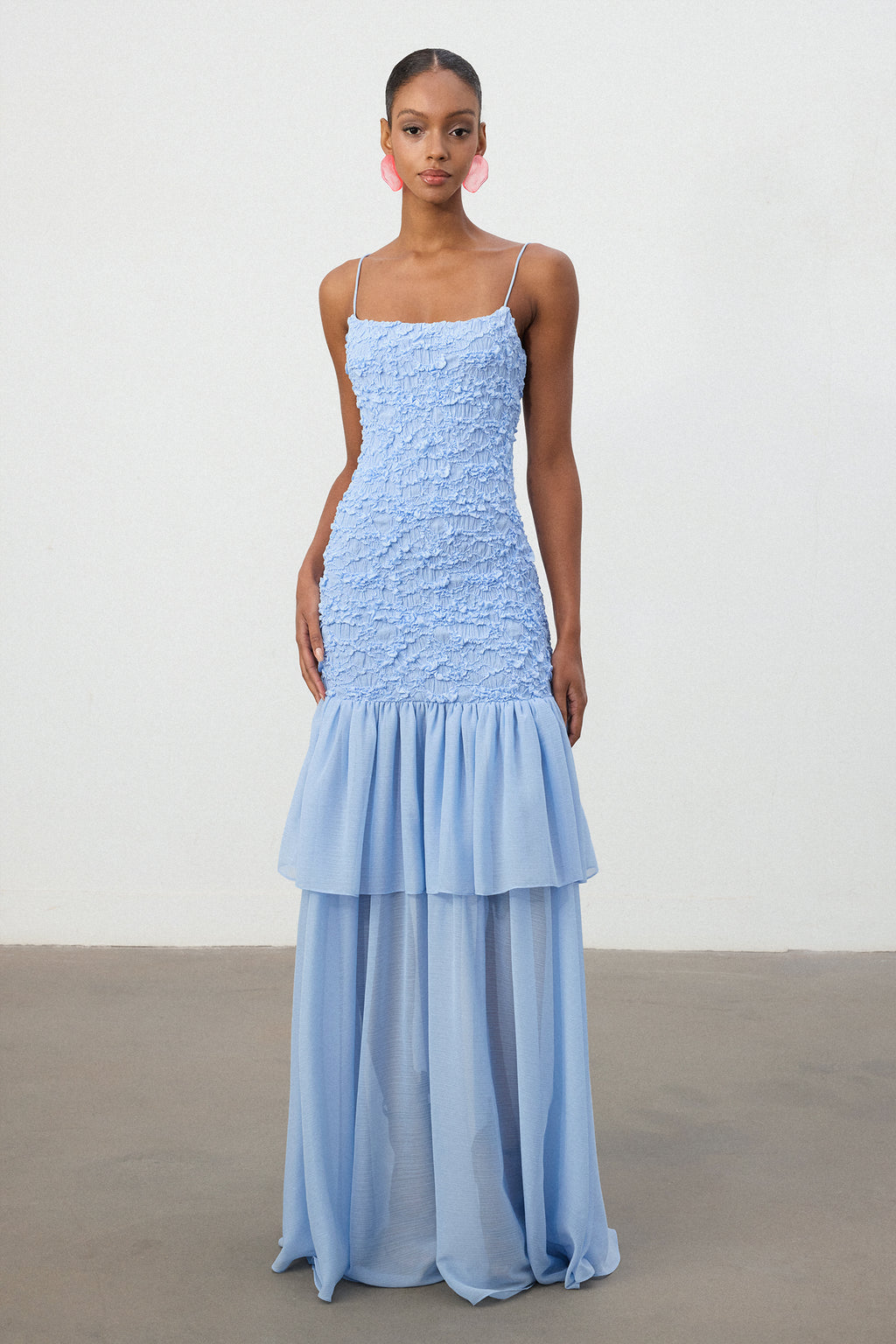Sky Blue Textured Bodice Tiered Chiffon Maxi Dress	