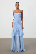 Sky Blue Textured Bodice Tiered Chiffon Maxi Dress	