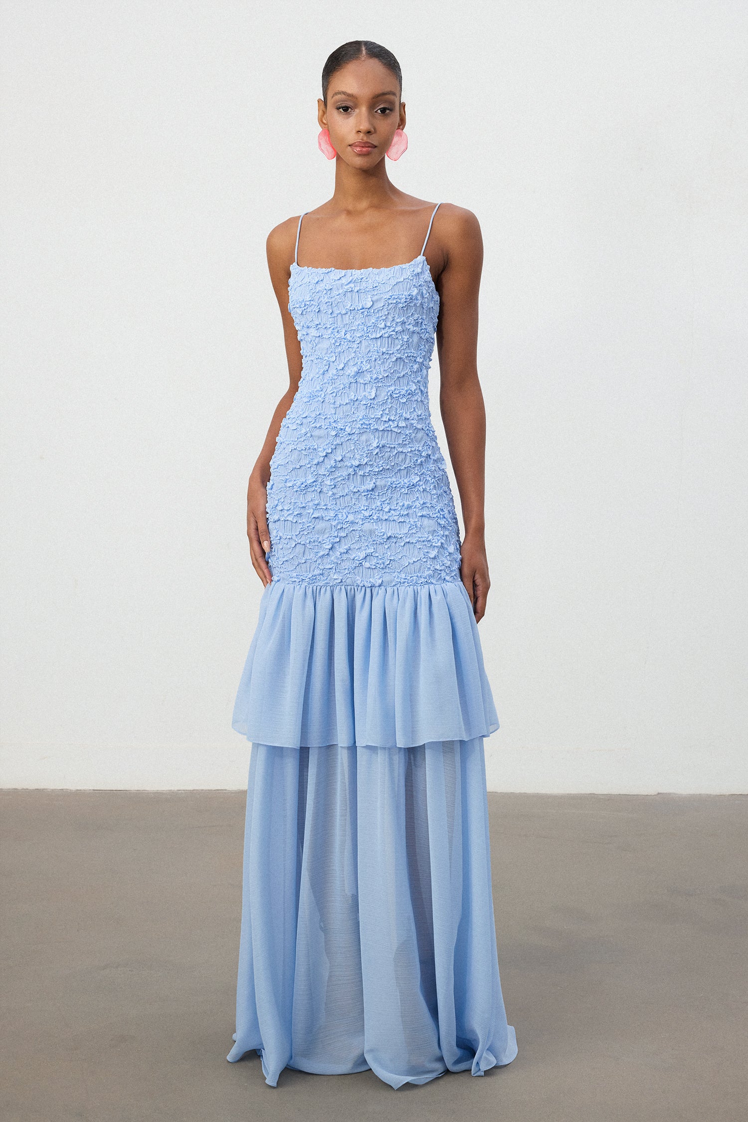Sky Blue Textured Bodice Tiered Chiffon Maxi Dress	