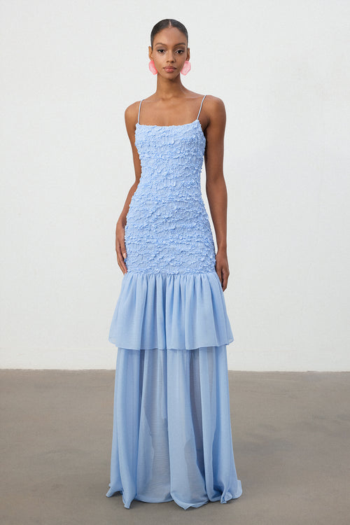 Sky Blue Textured Bodice Tiered Chiffon Maxi Dress	