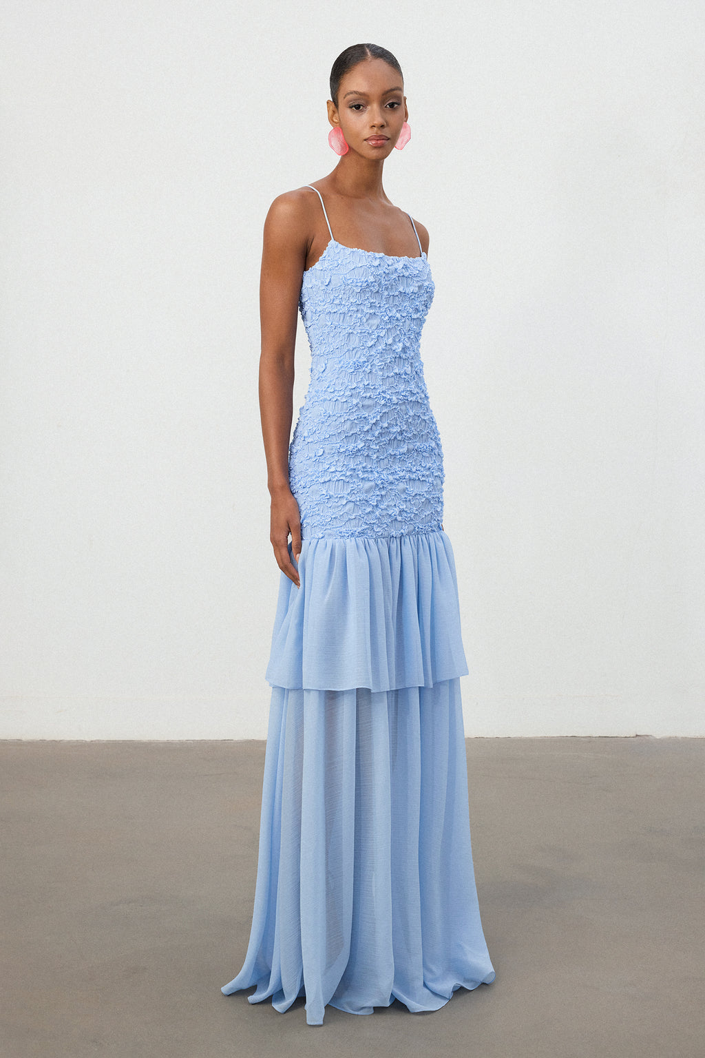Sky Blue Textured Bodice Tiered Chiffon Maxi Dress	