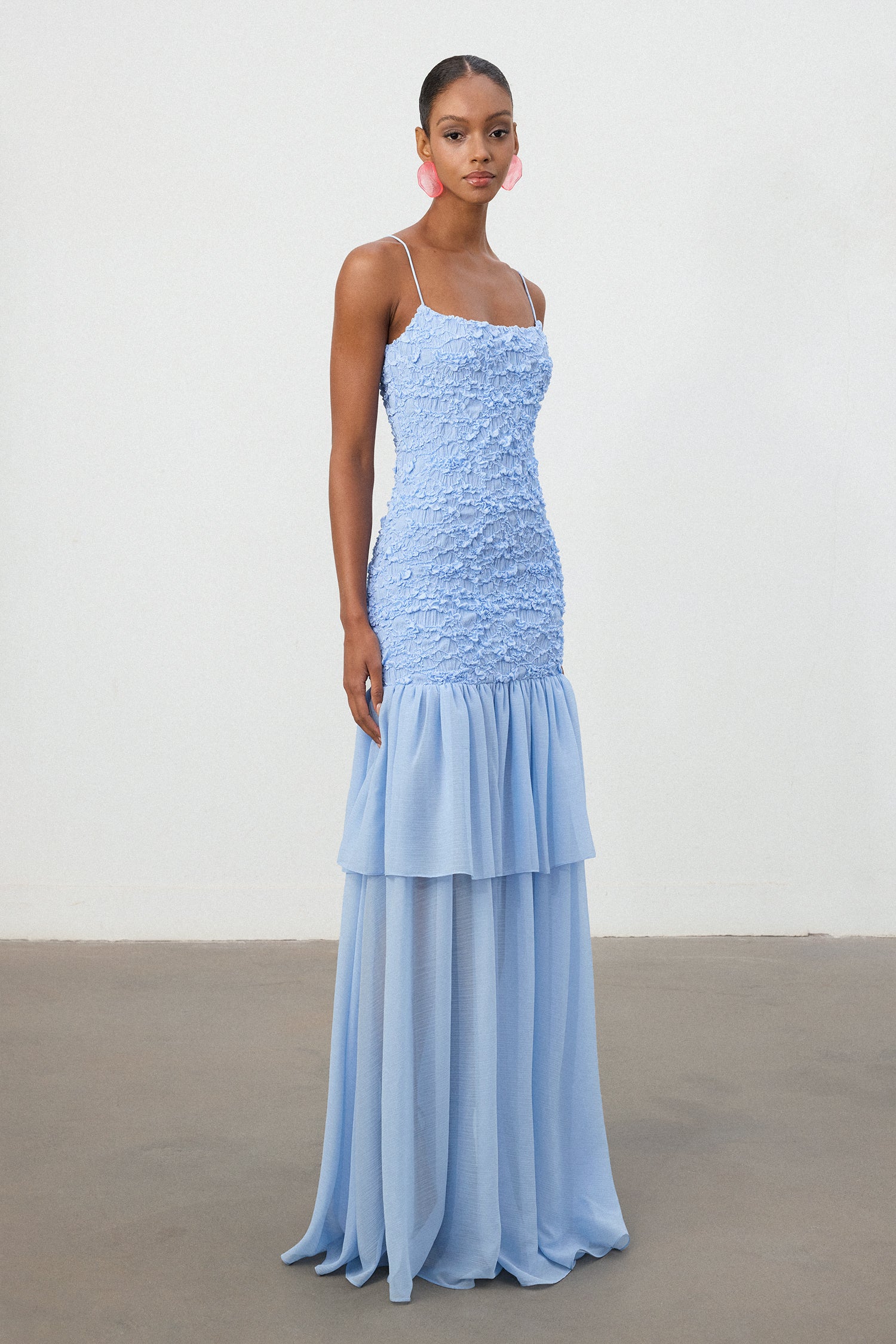 Sky Blue Textured Bodice Tiered Chiffon Maxi Dress	