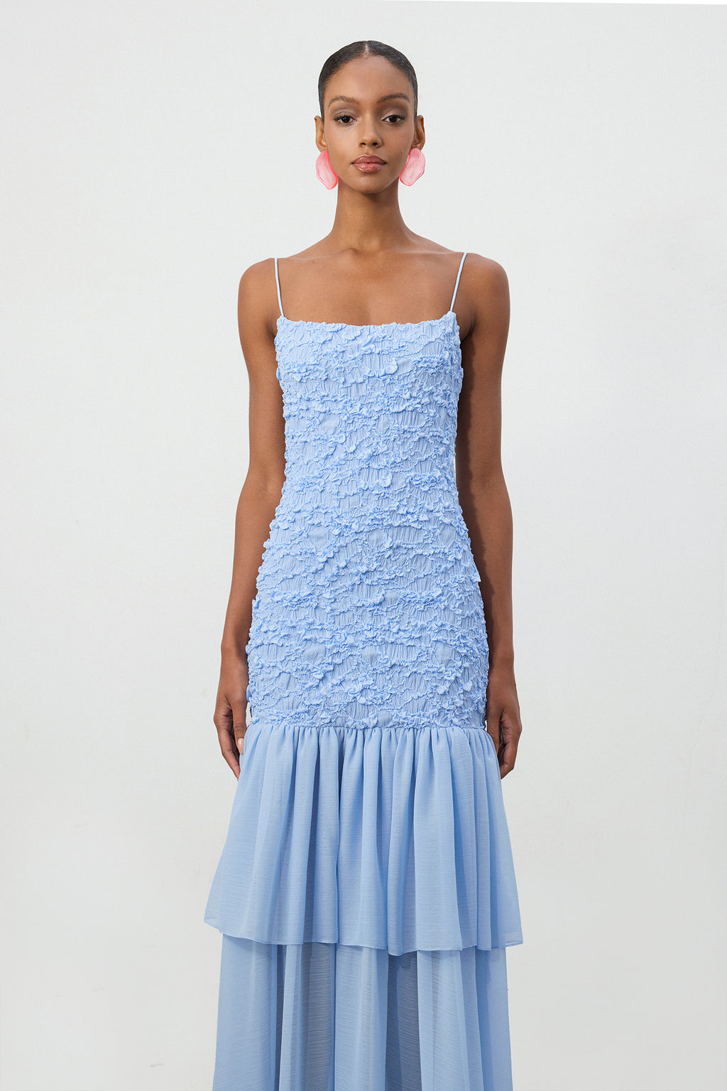 Sky Blue Textured Bodice Tiered Chiffon Maxi Dress	