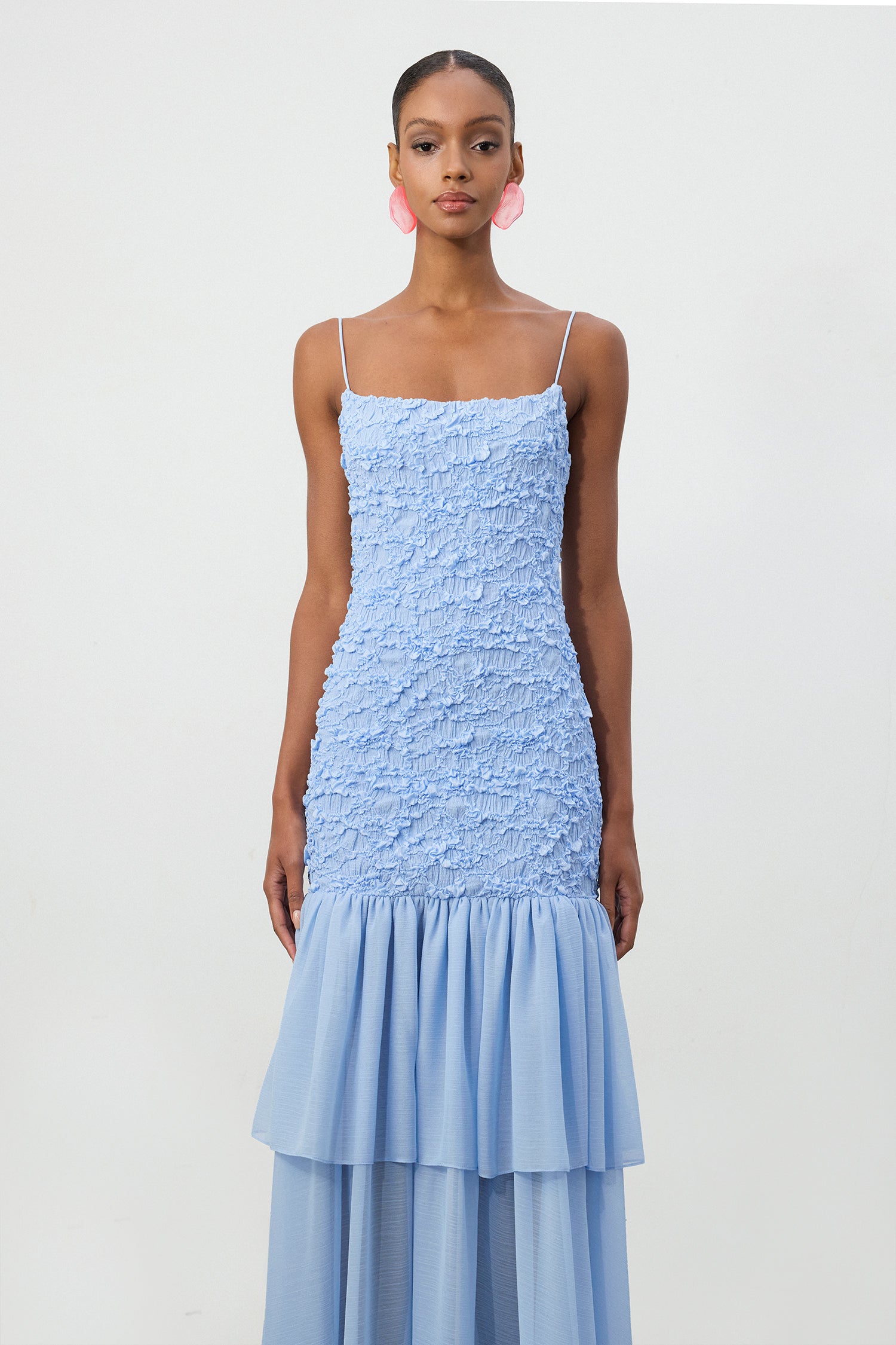 Sky Blue Textured Bodice Tiered Chiffon Maxi Dress	