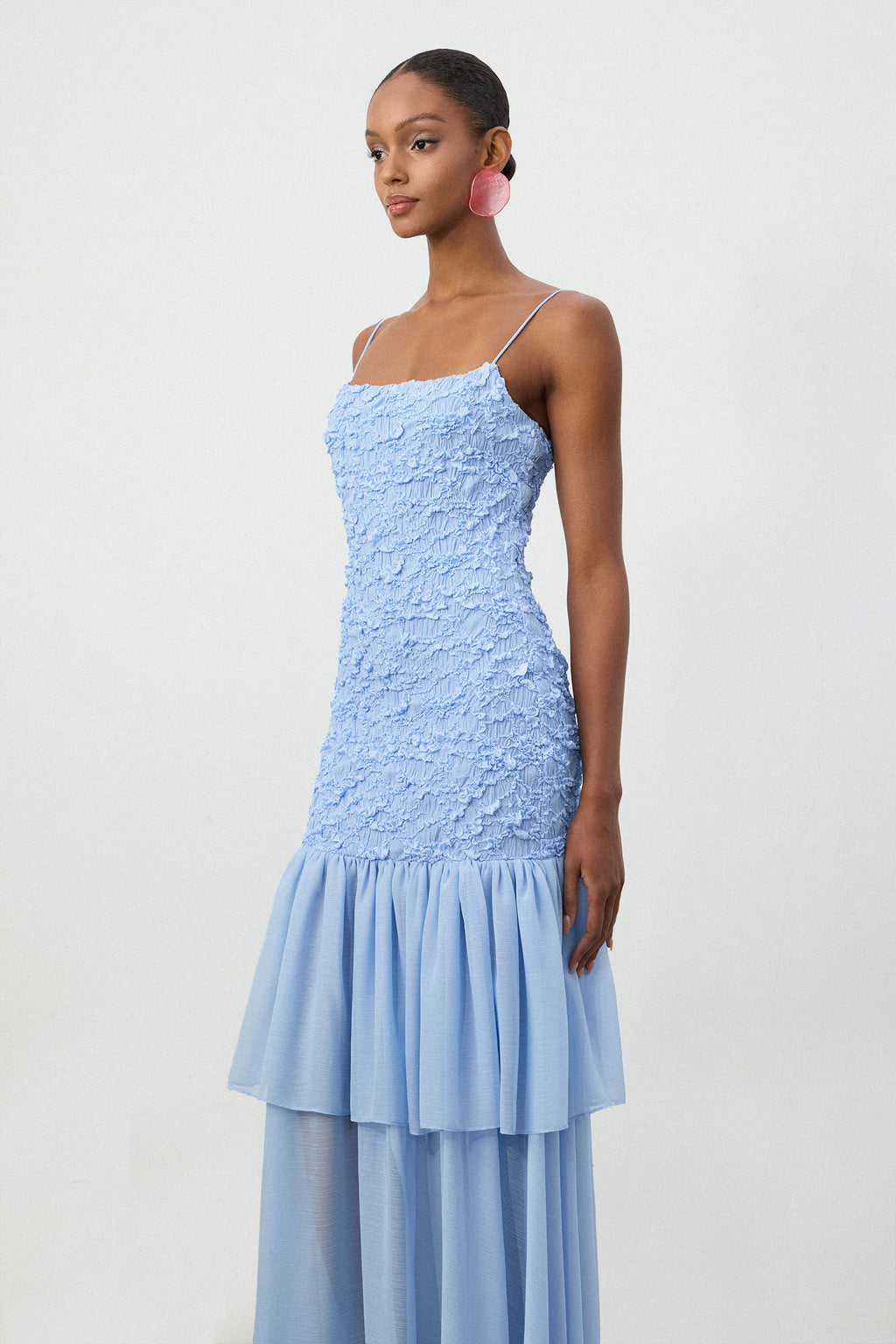 Sky Blue Textured Bodice Tiered Chiffon Maxi Dress	