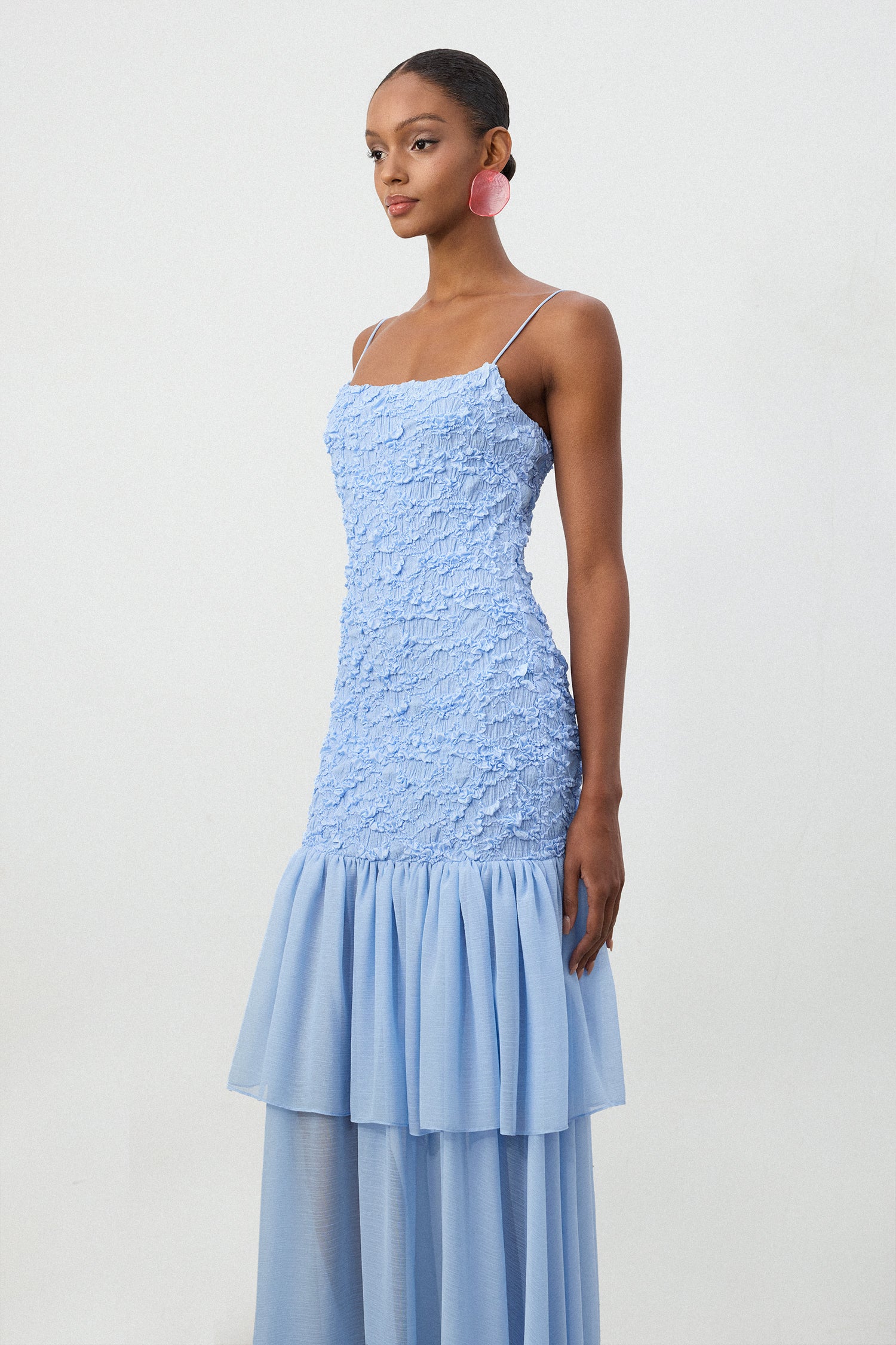 Sky Blue Textured Bodice Tiered Chiffon Maxi Dress	