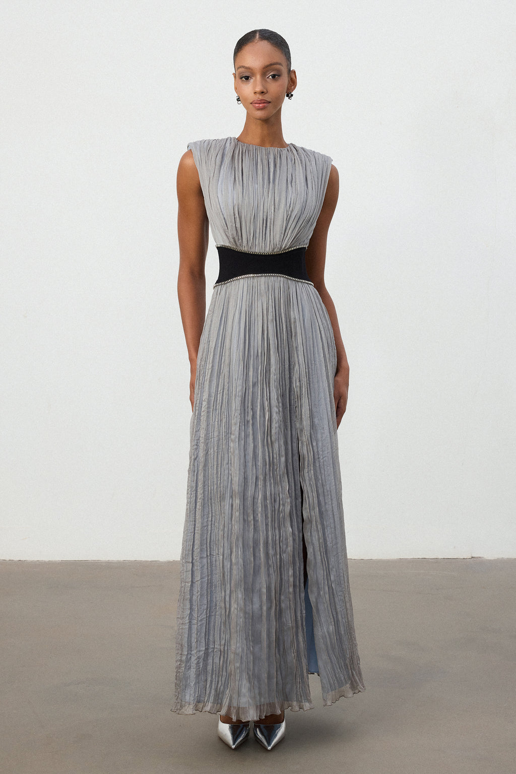 Silver Pleated Contrast Waist Maxi Dress	