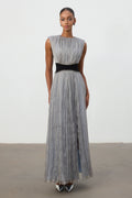 Silver Pleated Contrast Waist Maxi Dress	