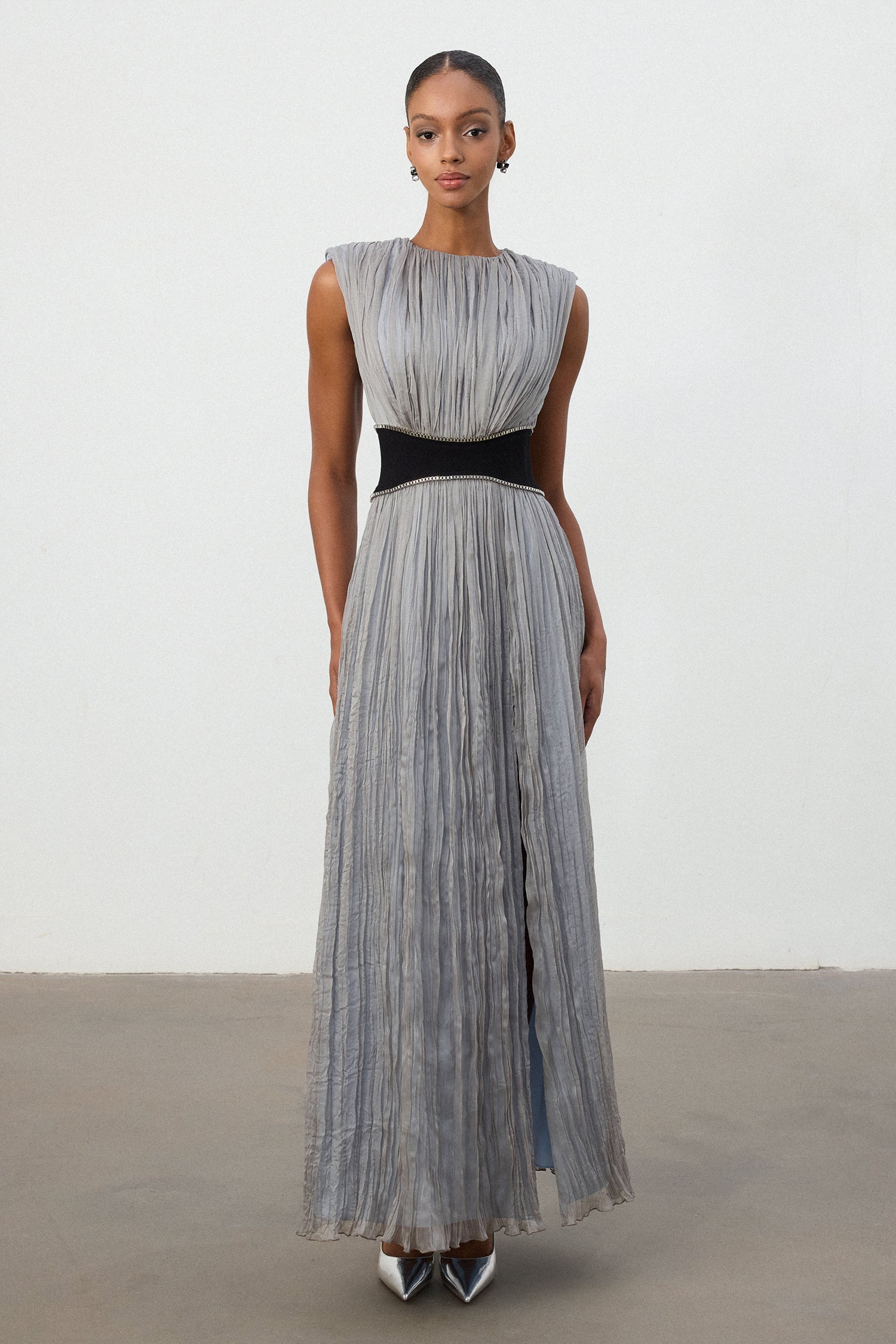Silver Pleated Contrast Waist Maxi Dress	