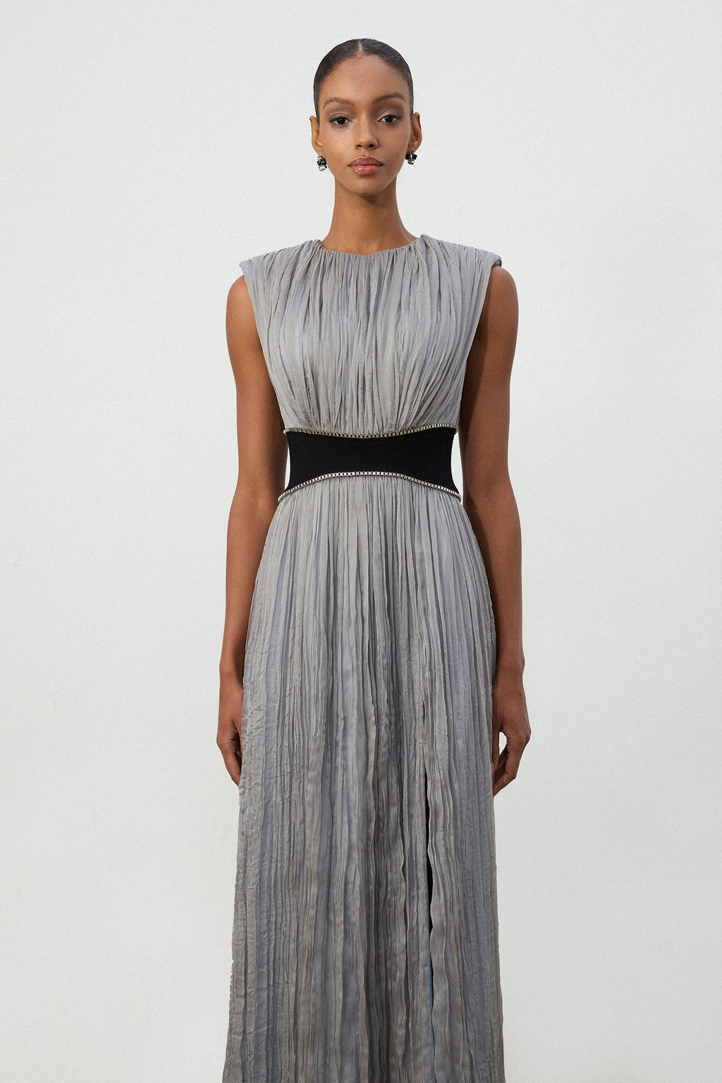 Silver Pleated Contrast Waist Maxi Dress	