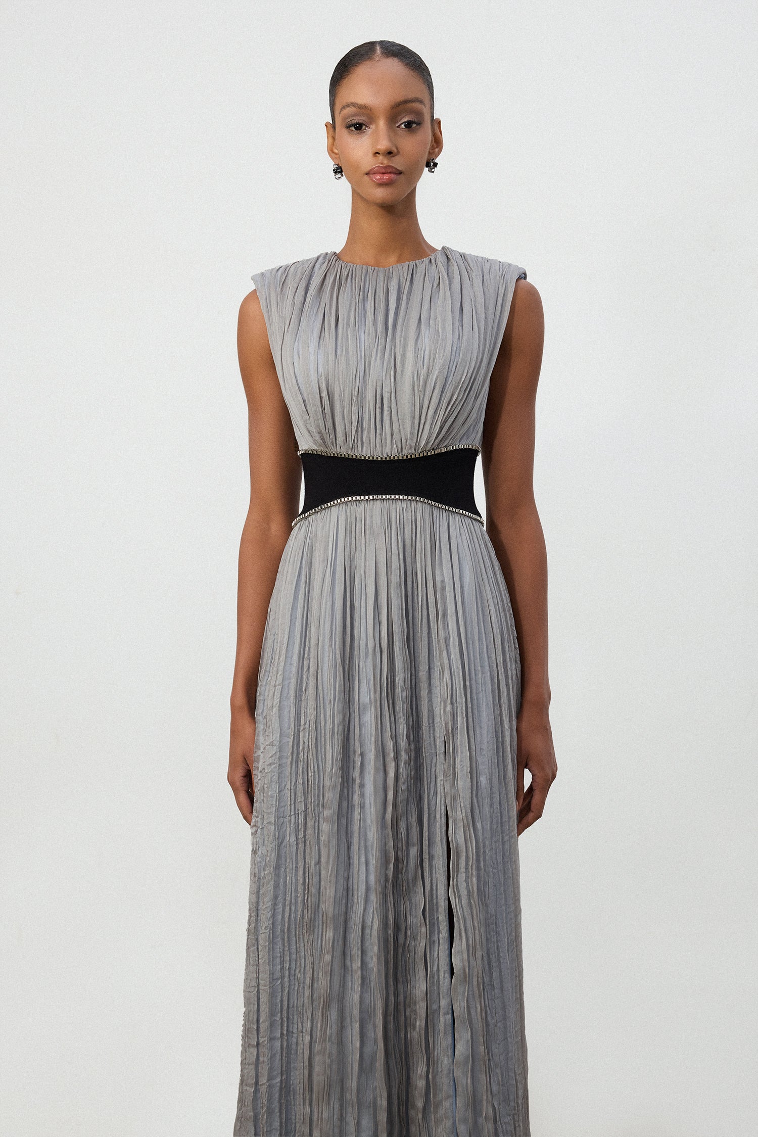 Silver Pleated Contrast Waist Maxi Dress	