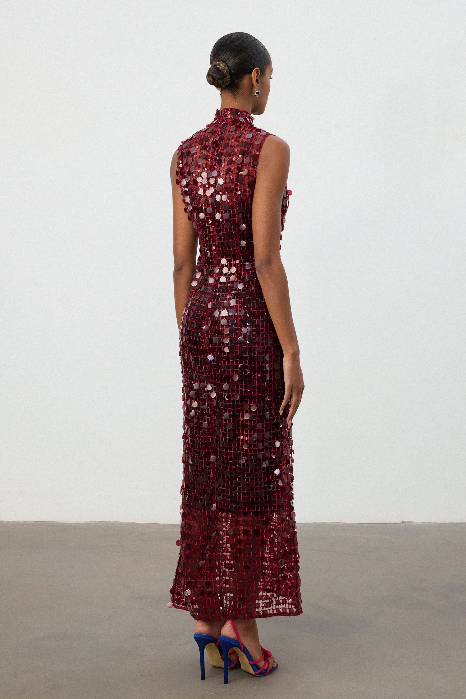 Burgundy Sequin High Neck Maxi Dress	