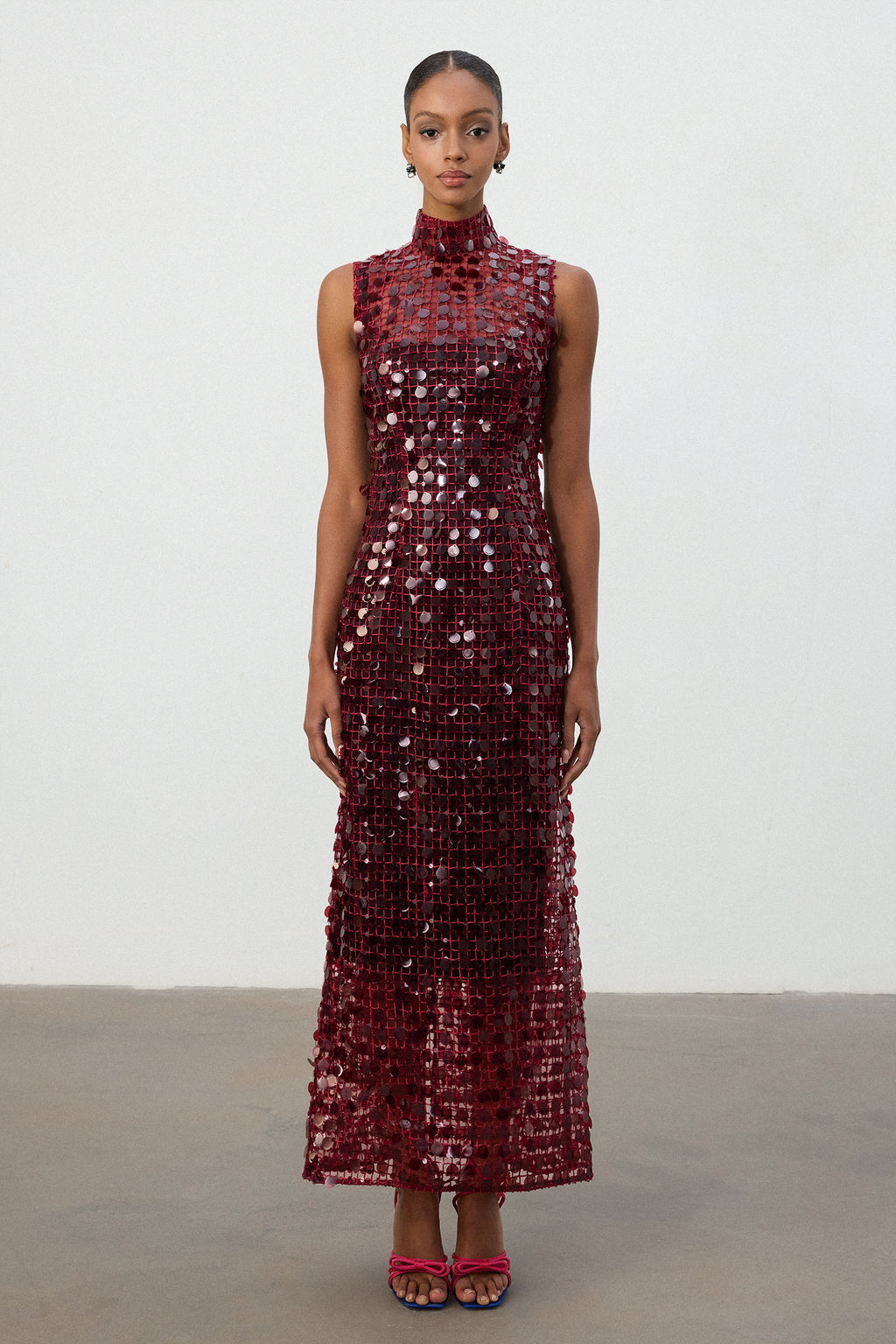 Burgundy Sequin High Neck Maxi Dress	