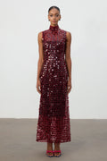 Burgundy Sequin High Neck Maxi Dress	