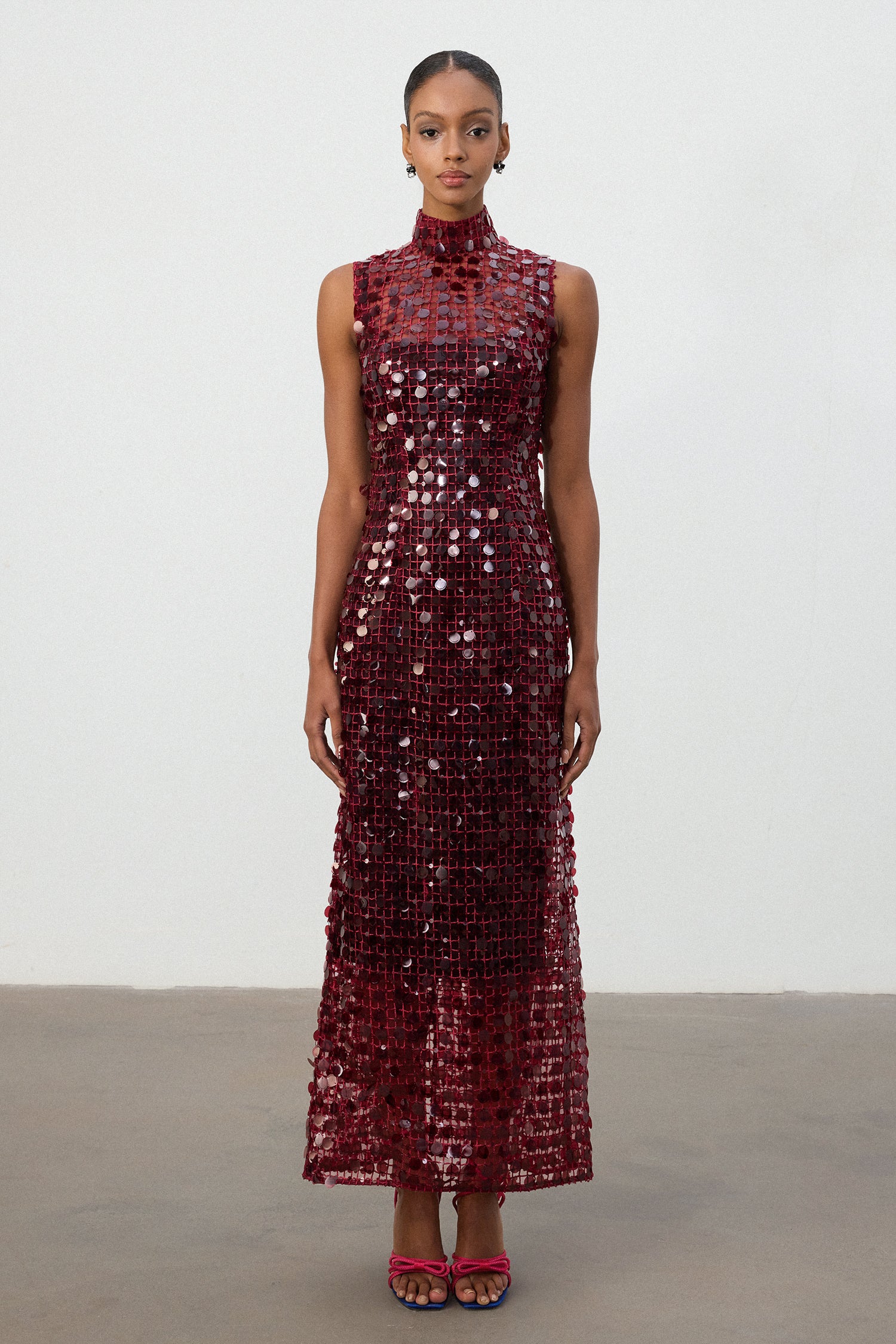Burgundy Sequin High Neck Maxi Dress	