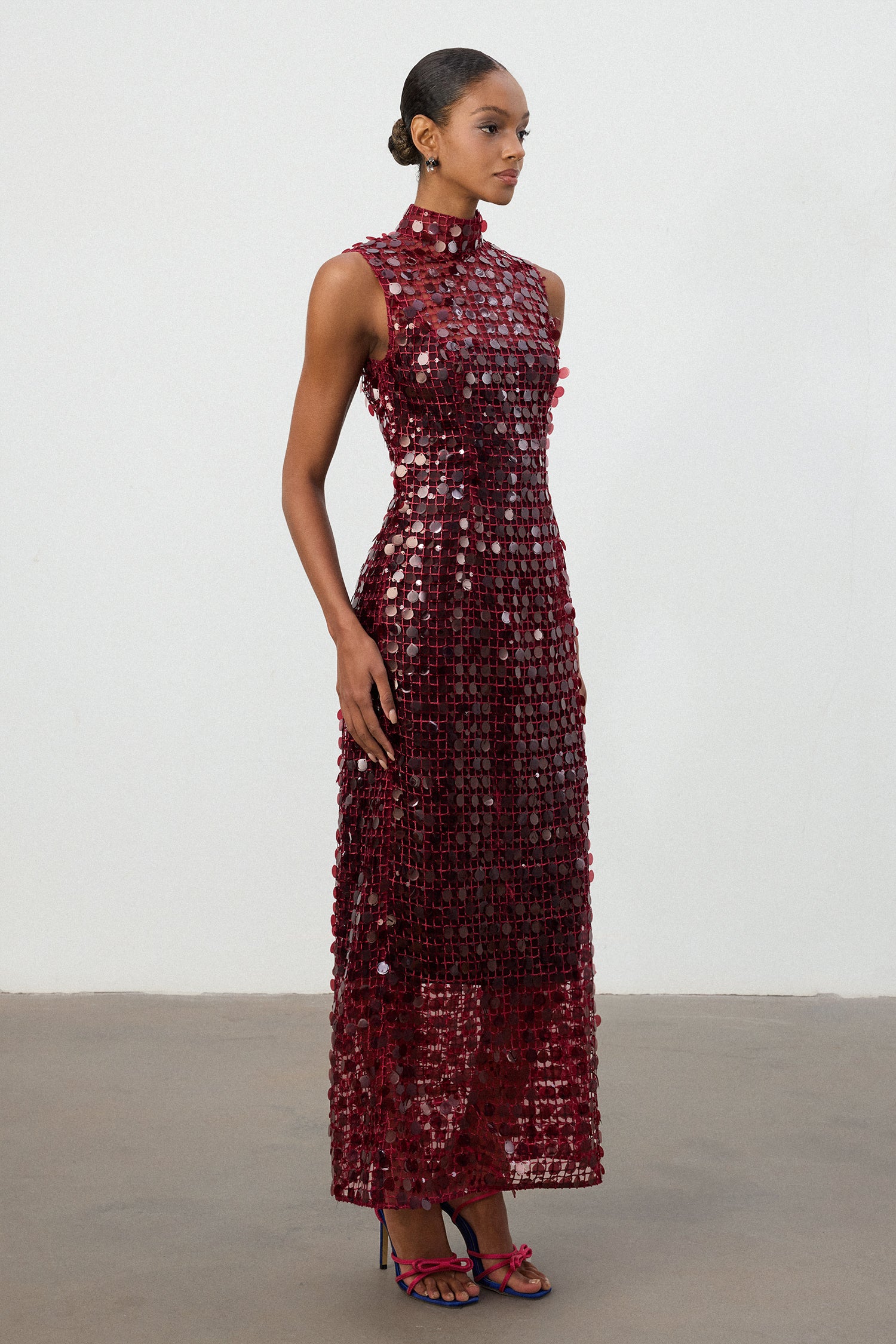 Burgundy Sequin High Neck Maxi Dress	