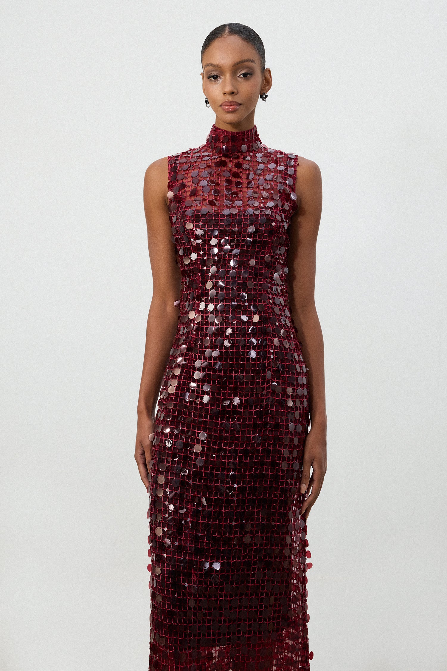 Burgundy Sequin High Neck Maxi Dress	