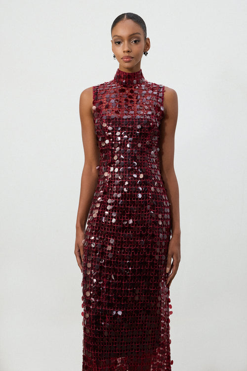 Burgundy Sequin High Neck Maxi Dress	