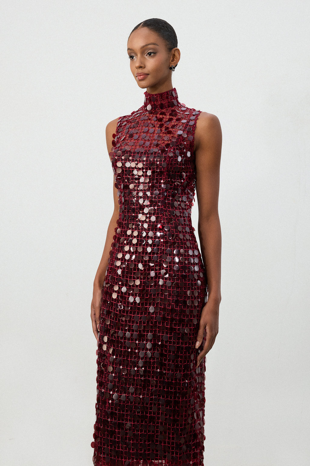 Burgundy Sequin High Neck Maxi Dress	