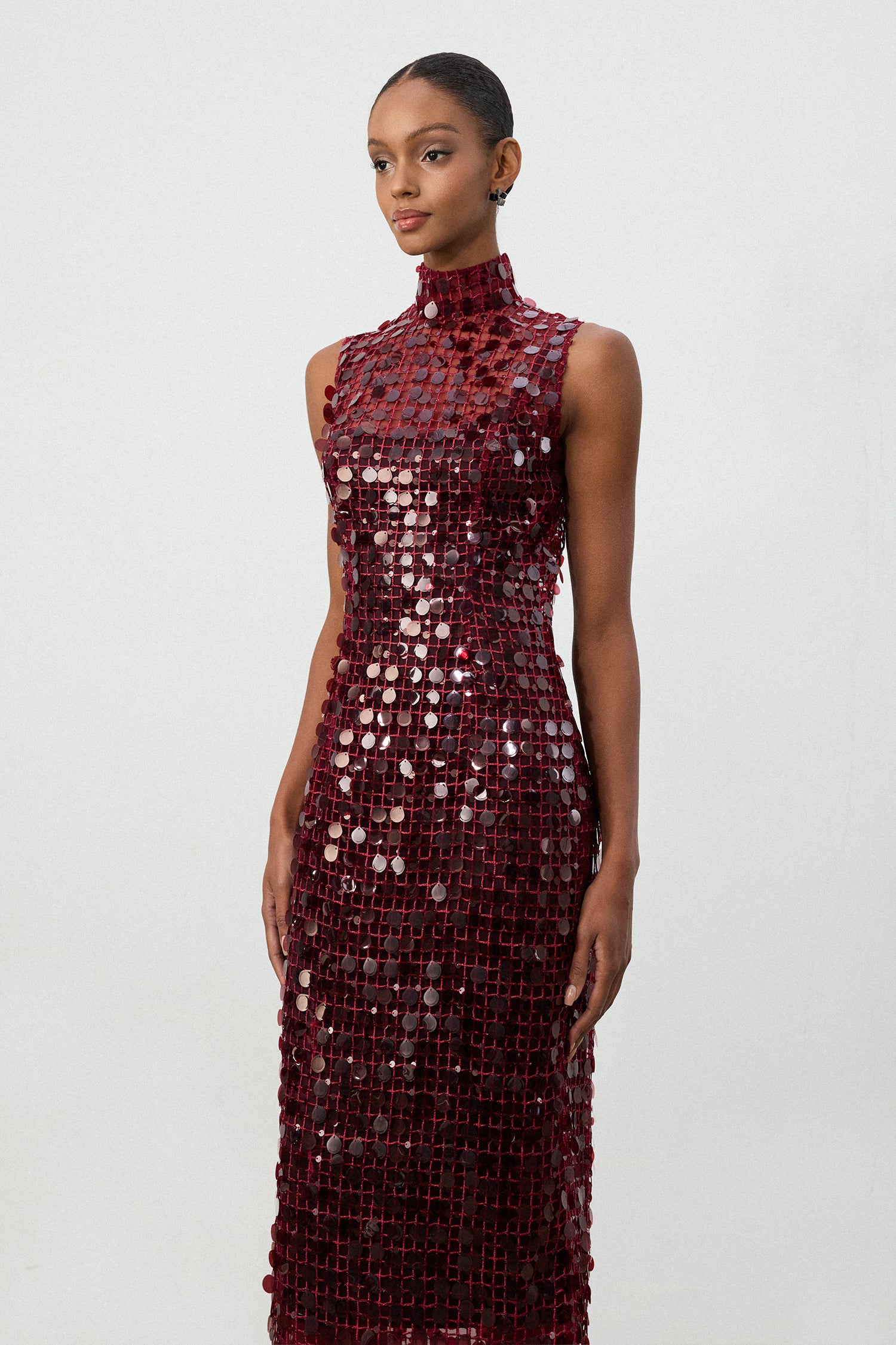 Burgundy Sequin High Neck Maxi Dress	