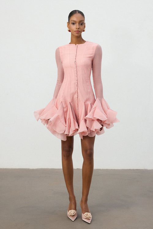 Blush Pink Ruffle Hem Semi-Sheer Mini Dress	