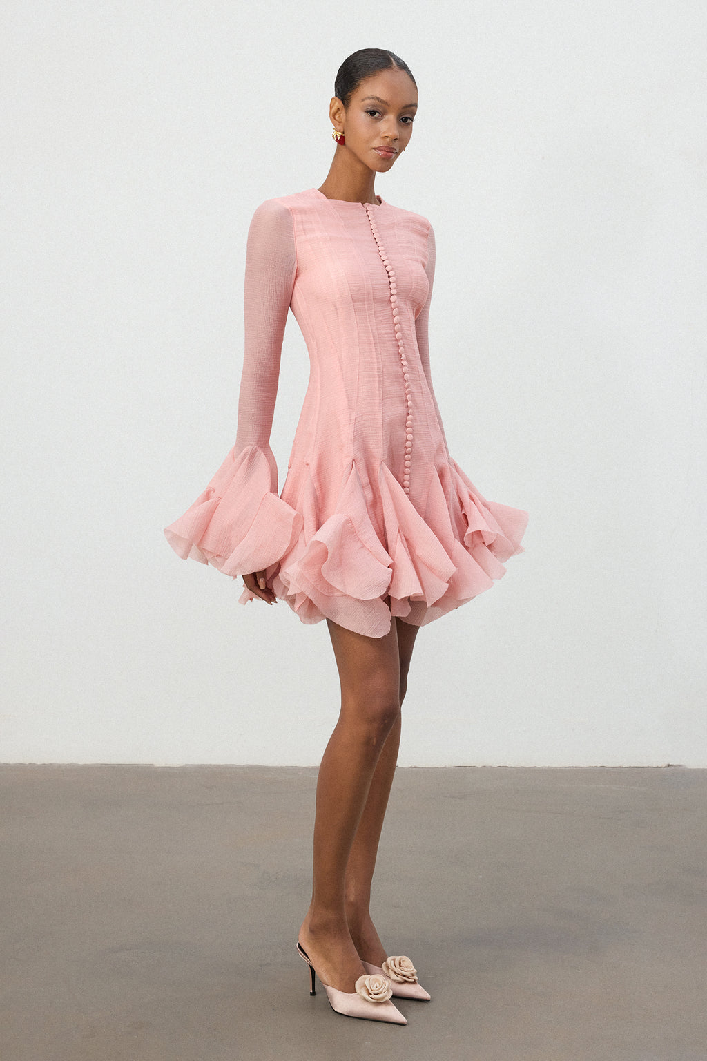 Blush Pink Ruffle Hem Semi-Sheer Mini Dress	