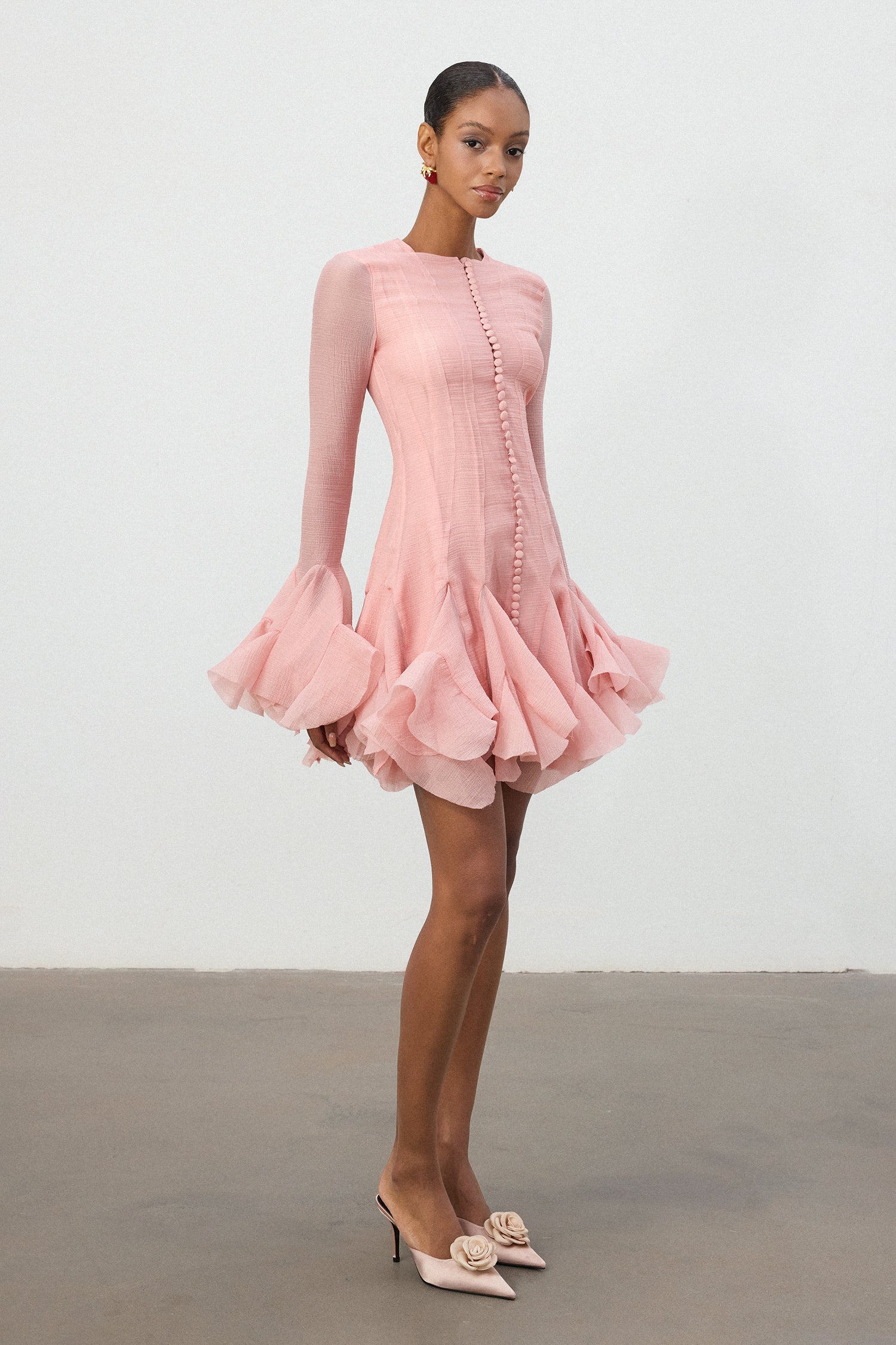 Blush Pink Ruffle Hem Semi-Sheer Mini Dress	