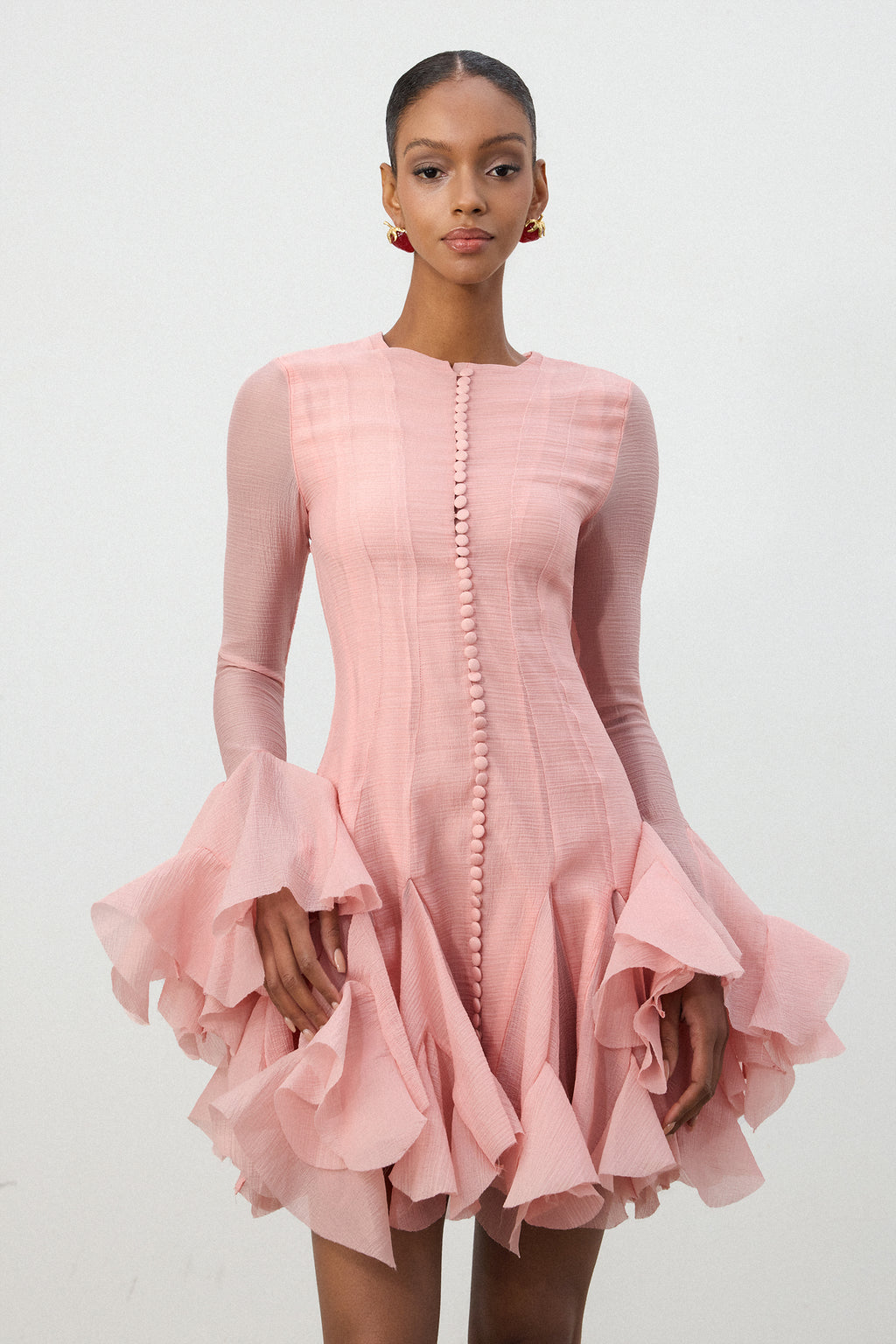 Blush Pink Ruffle Hem Semi-Sheer Mini Dress	