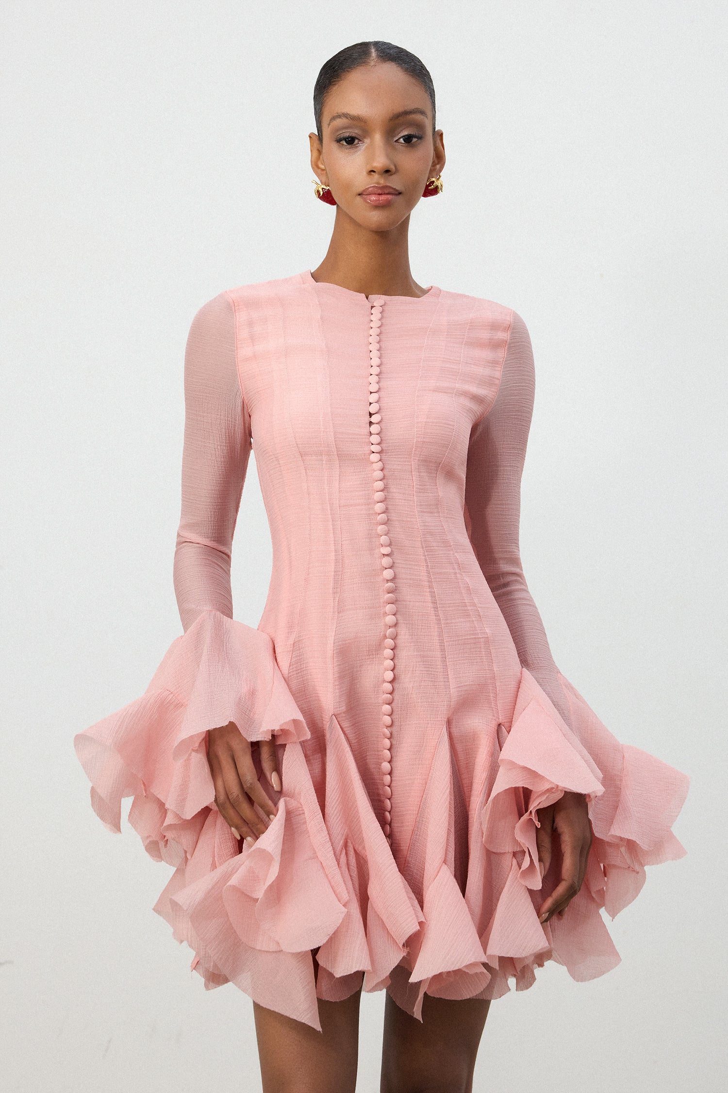 Blush Pink Ruffle Hem Semi-Sheer Mini Dress	