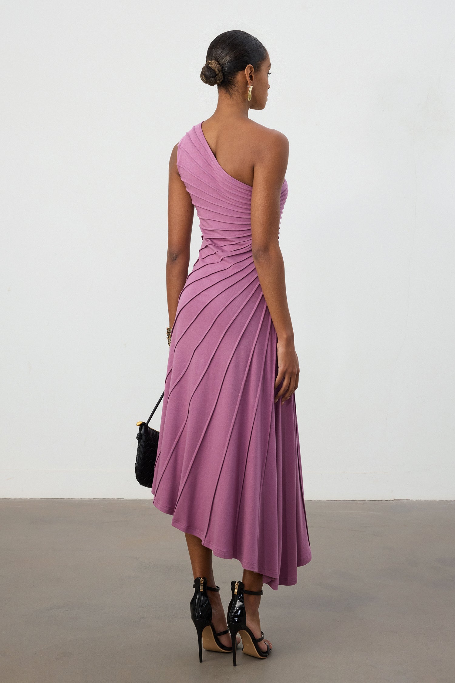 Magenta One-Shoulder Pleated Midi Dress	