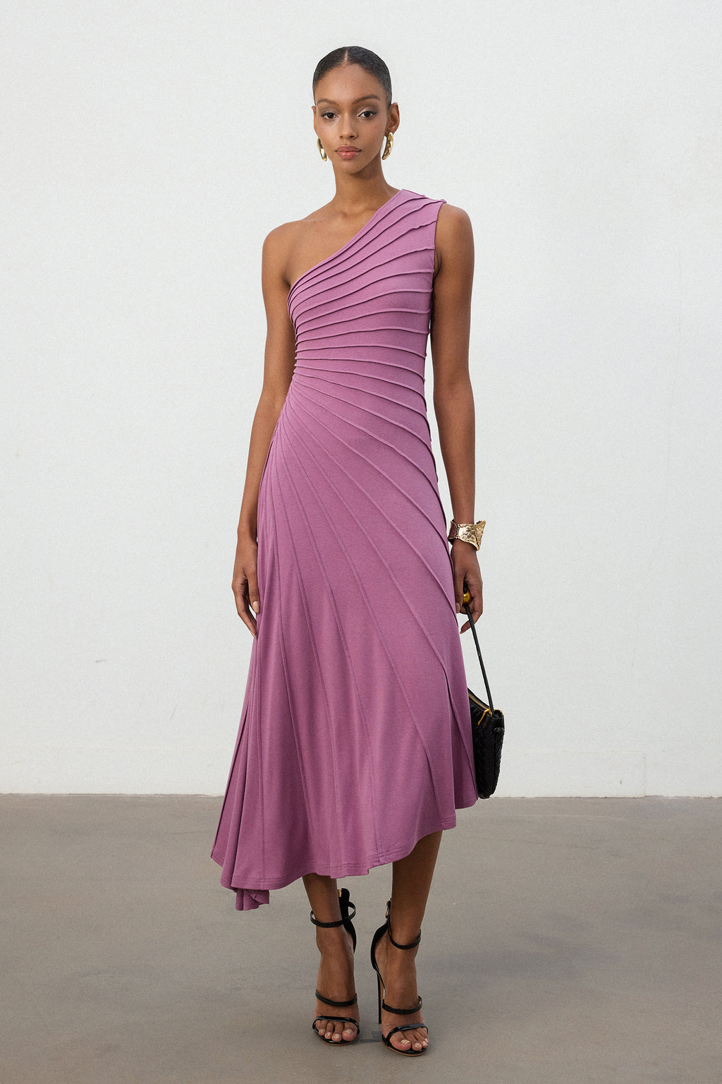 Magenta One-Shoulder Pleated Midi Dress	