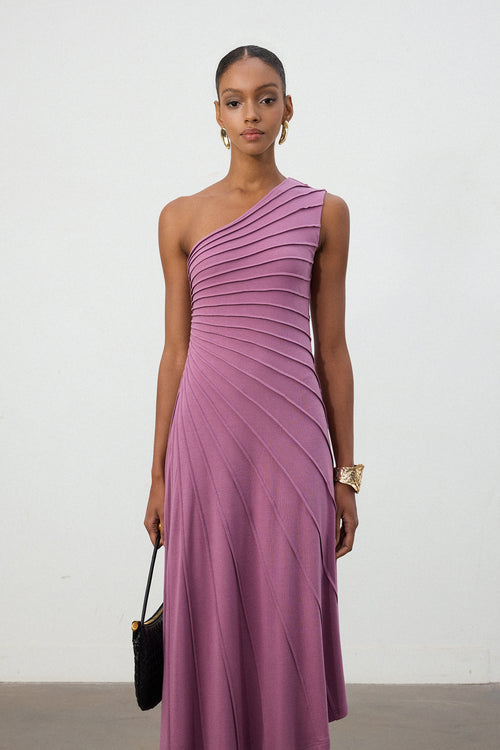 Magenta One-Shoulder Pleated Midi Dress	