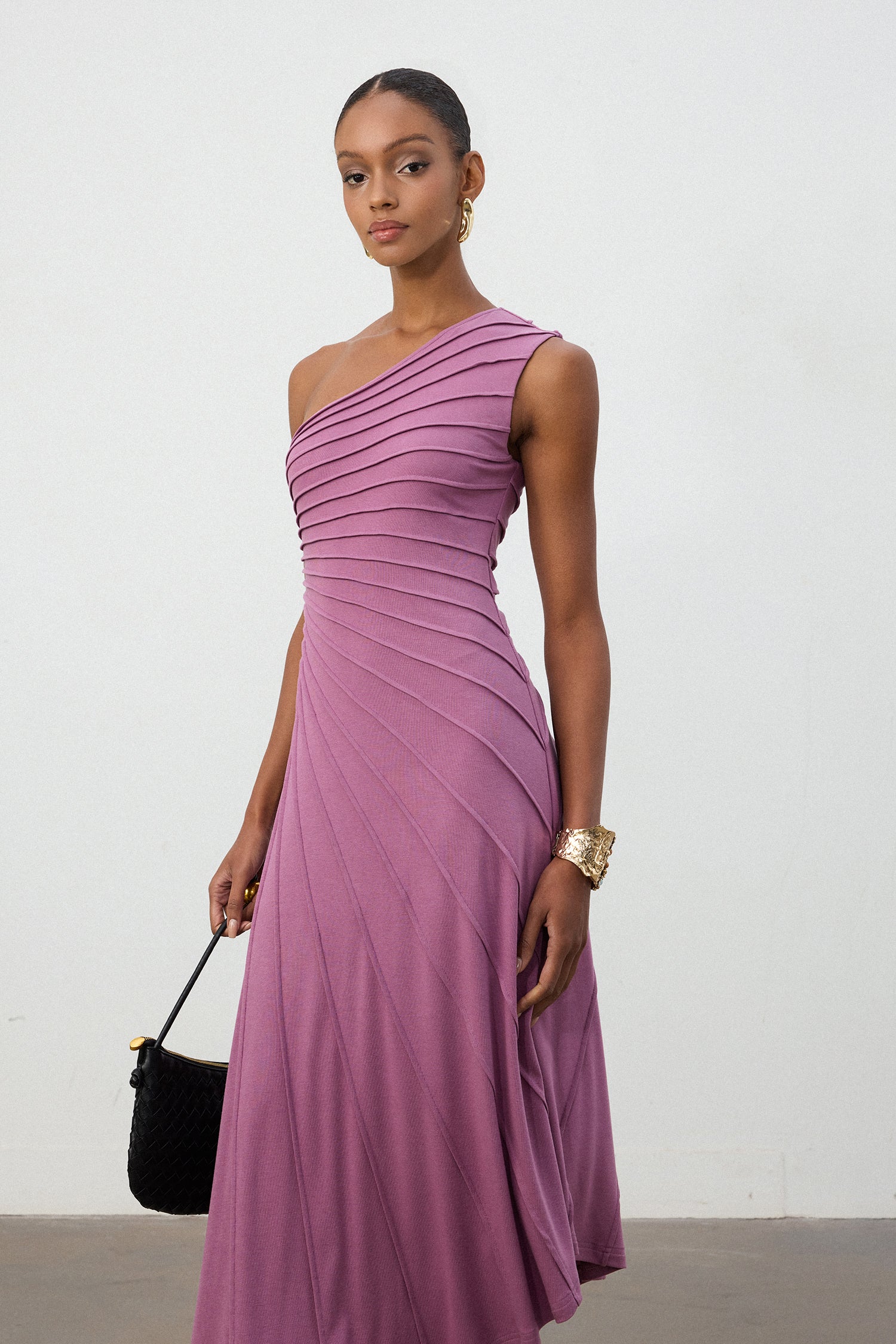 Magenta One-Shoulder Pleated Midi Dress	