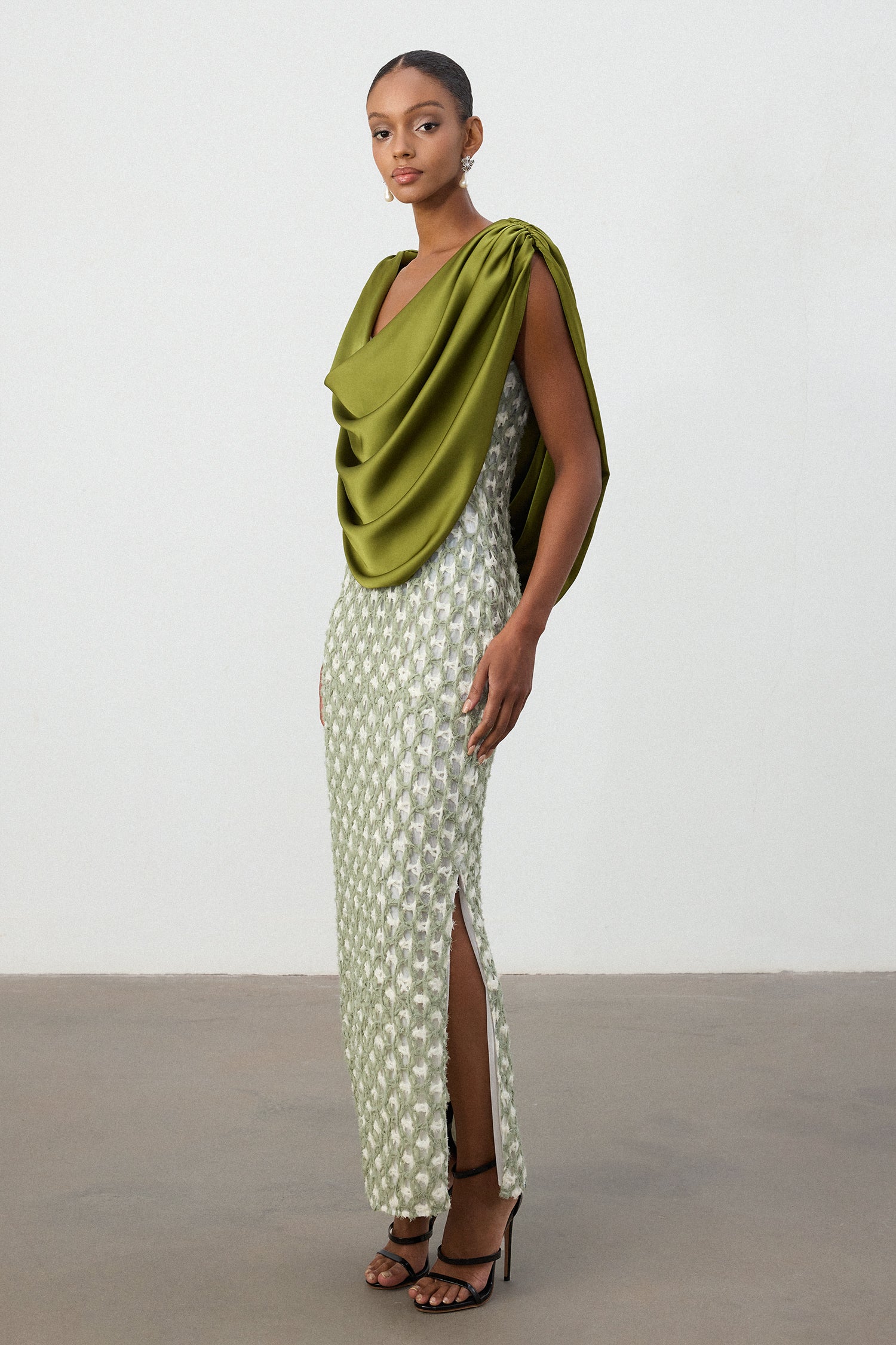 Olive Green Drape Top Printed Column Skirt Set	