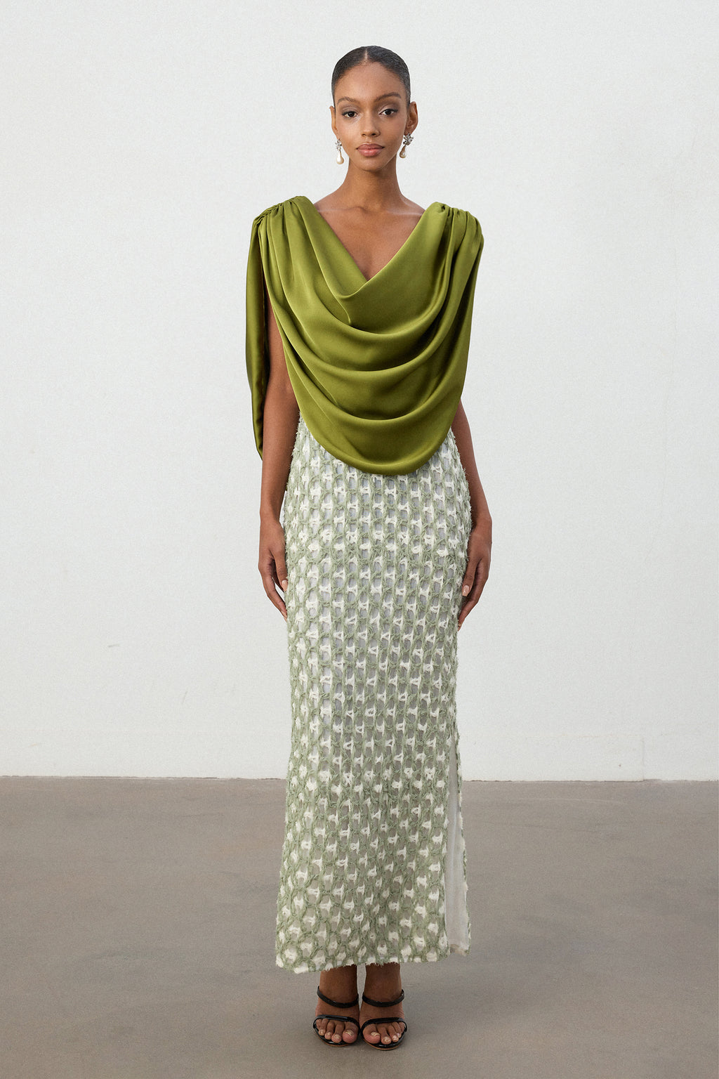 Olive Green Drape Top Printed Column Skirt Set	