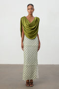 Olive Green Drape Top Printed Column Skirt Set	