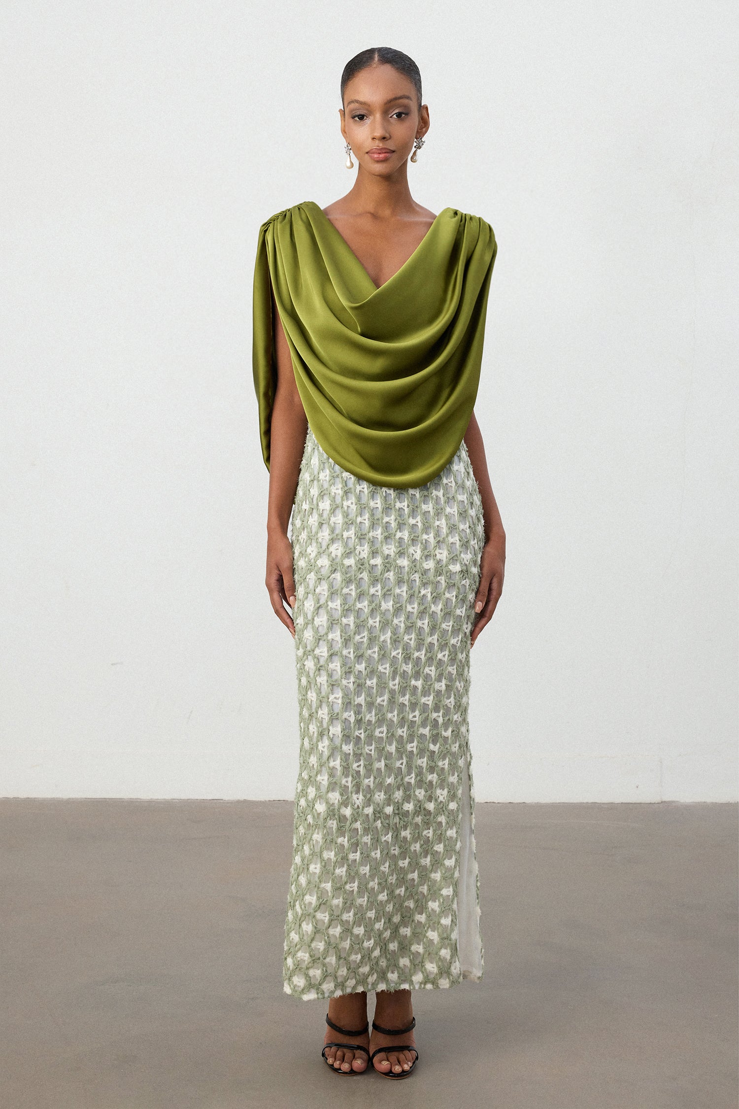 Olive Green Drape Top Printed Column Skirt Set	
