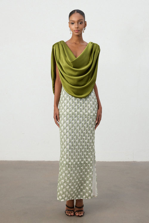 Olive Green Drape Top Printed Column Skirt Set	