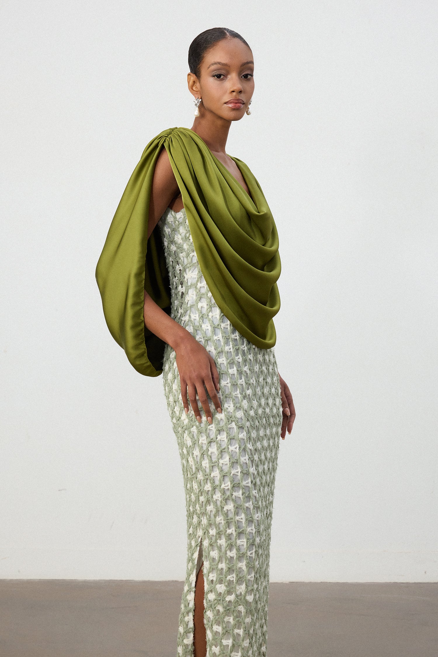 Olive Green Drape Top Printed Column Skirt Set	