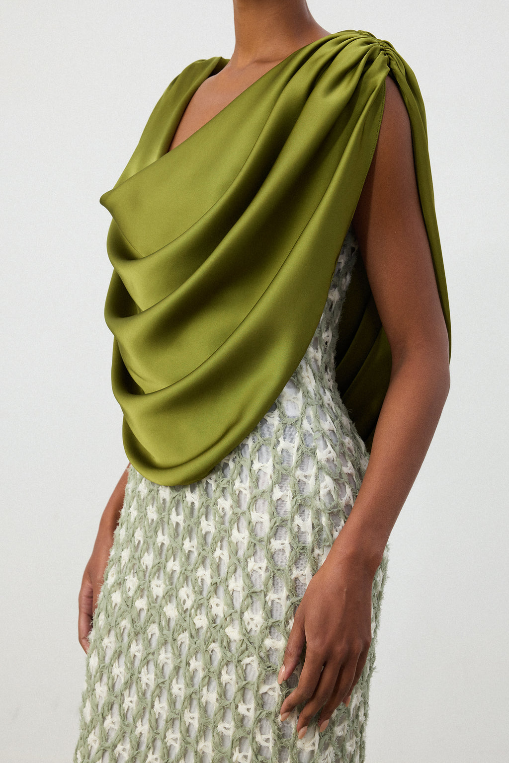 Olive Green Drape Top Printed Column Skirt Set	